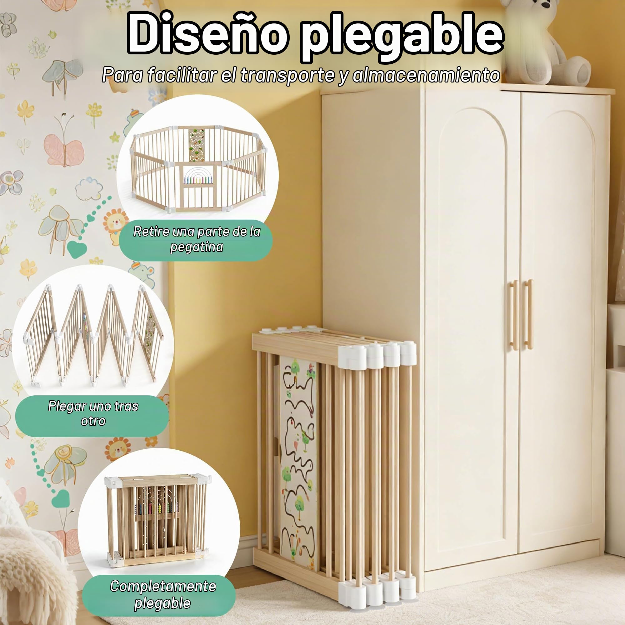 UISEBRT XXL Parque infantil de madera para bebé con 2 centros de juego, tamaño y forma ajustables, parque plegable con 8 elementos de barrera para bebés y niños pequeños, con colchón