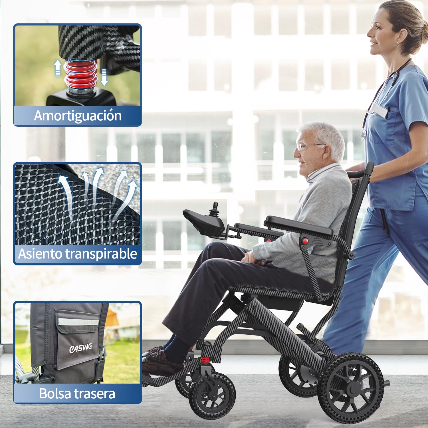 E10 Silla de Ruedas Eléctrica Ligera de 19 kg para Adultos, Portátil y Plegable, con Autonomía de 25/50 km, Motor 500W y Batería de Litio 12Ah, Todoterreno, Capacidad de Carga 150 kg