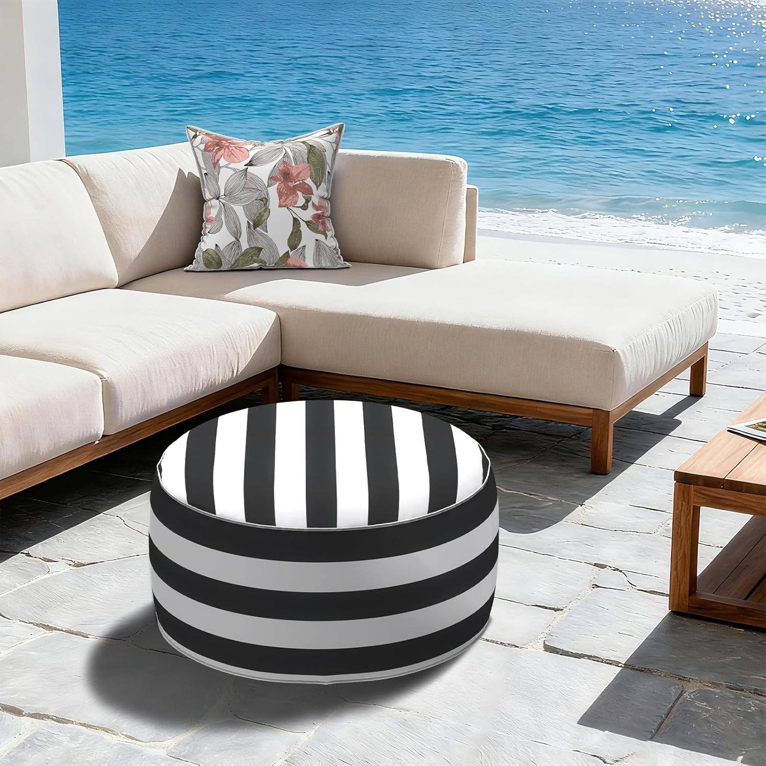 LVTXIII Inflatable Stool Ottoman Footrest with Handle, All Weather Footrest Seat, Indoor or Outdoor Pouf for Home Patio Garden and Camping Use, D31 xH14, Large Round, Cabana Black