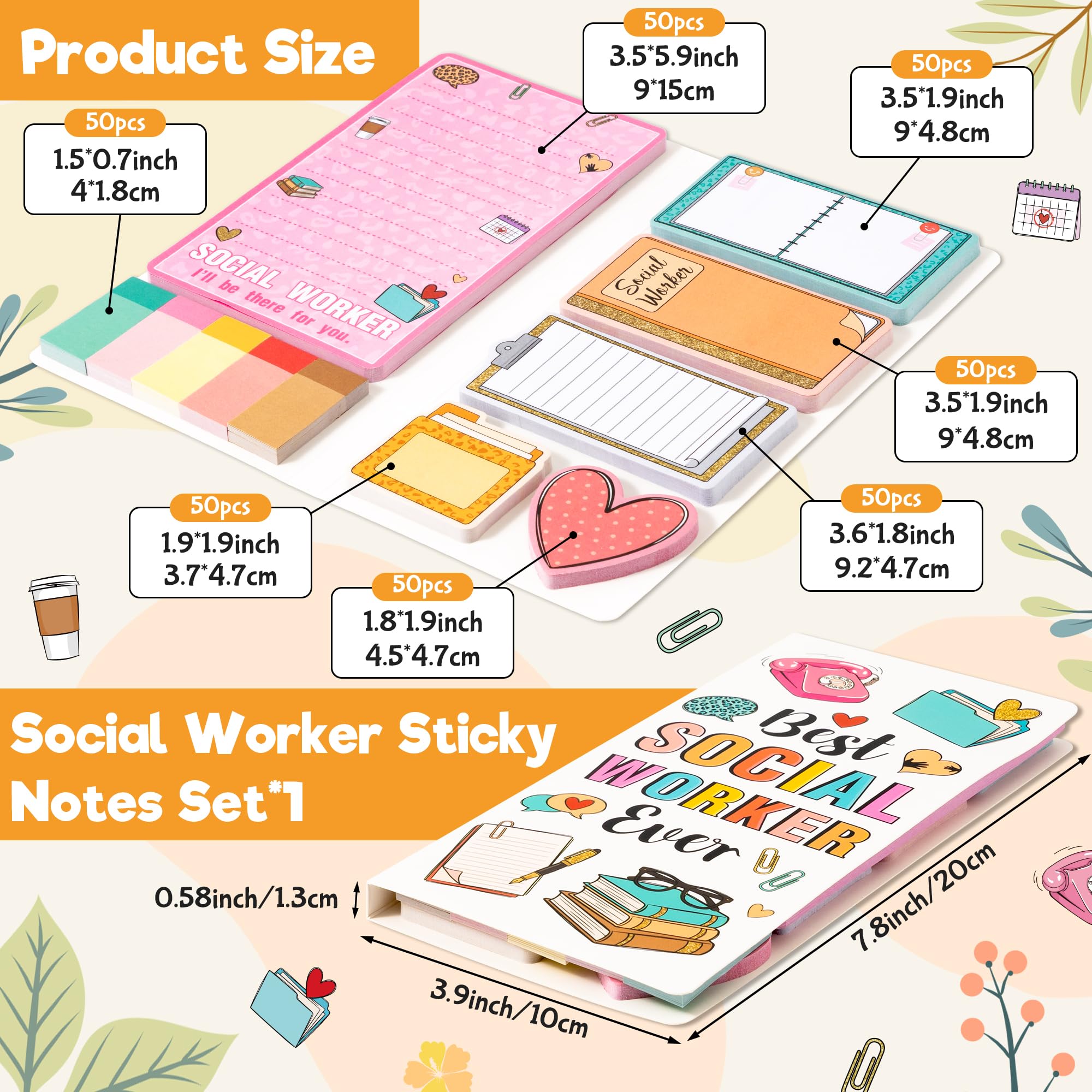 Xqumoi Juego de notas adhesivas para trabajadores sociales, 550 hojas de bloc de notas autoadhesivas con texto en inglés "Best Social Worker Ever" I'll Be There for You, pestañas divisoras, regalos de