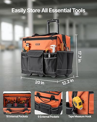 Miniatura 2 de VEVOR Bolsa de herramientas con ruedas de 20 pulgadas, capacidad de carga de 110 libras, 27 bolsillos, bolsa de herramientas resistente sobre