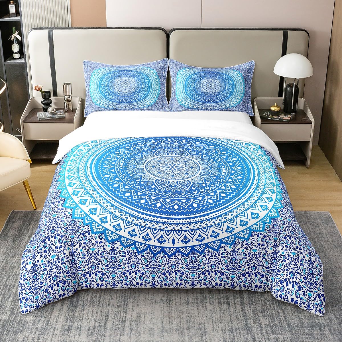 Vintage Mandala 100% Natural Cotton Duvet Cover Double Size Gradient Blue Mandala Blooming Flowers Bedding Set for Kids Teens Adults Exotic Floral Tribal Boho Style Quilt Cover with 2 Pillowcases