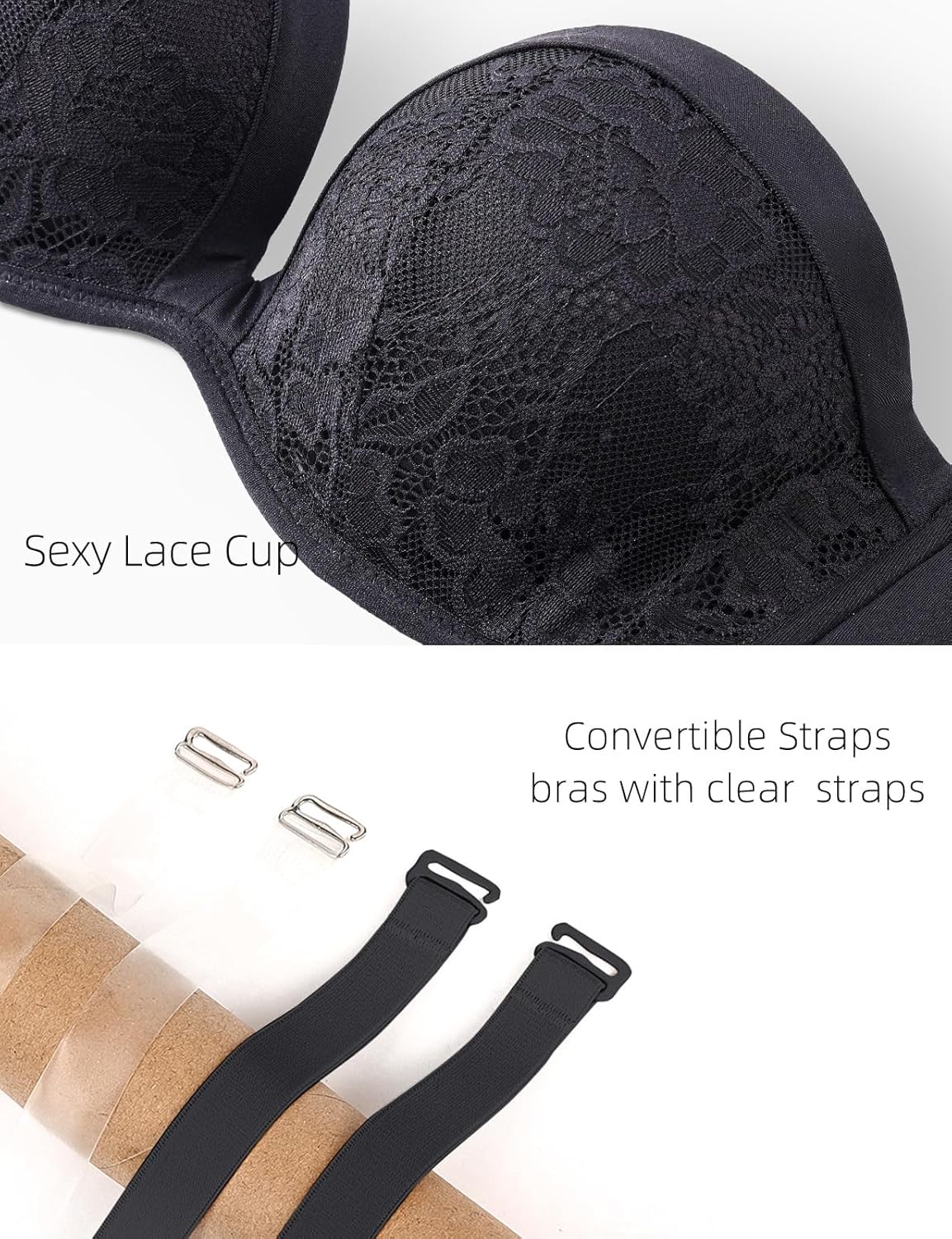 Push Up Strapless Bra with Clear Straps Covertible Plunge Lace Padded Add 2 Cups Low Cut Underwire Bras for Women - Image 6