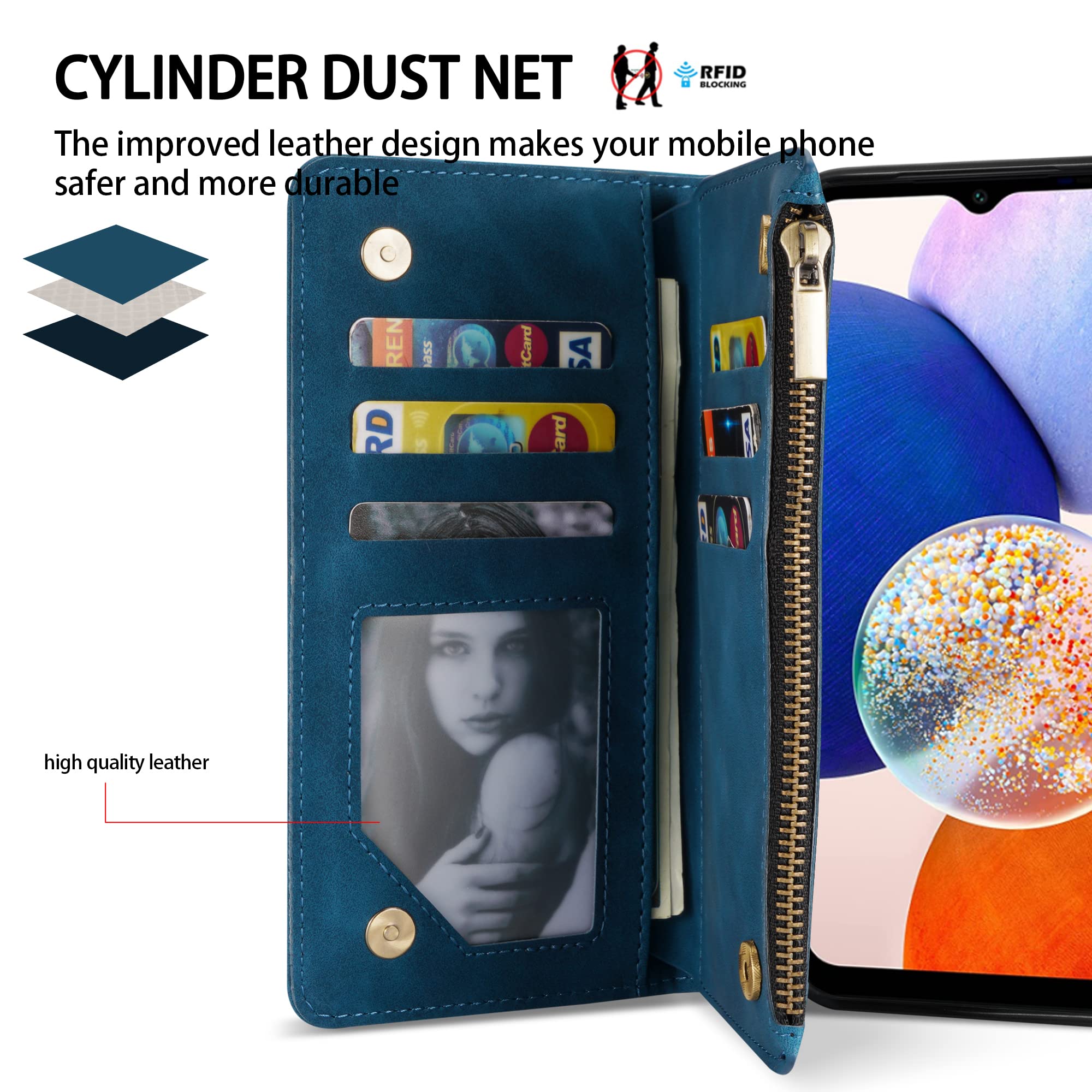 ZZXX for Samsung Galaxy A14 5G Wallet Case with RFID Blocking Card Slot PU Leather Zipper Flip Folio with Strap Kickstand Protective Cover for Samsung Galaxy A14 5G Case Wallet(Blue-6.6 inch)