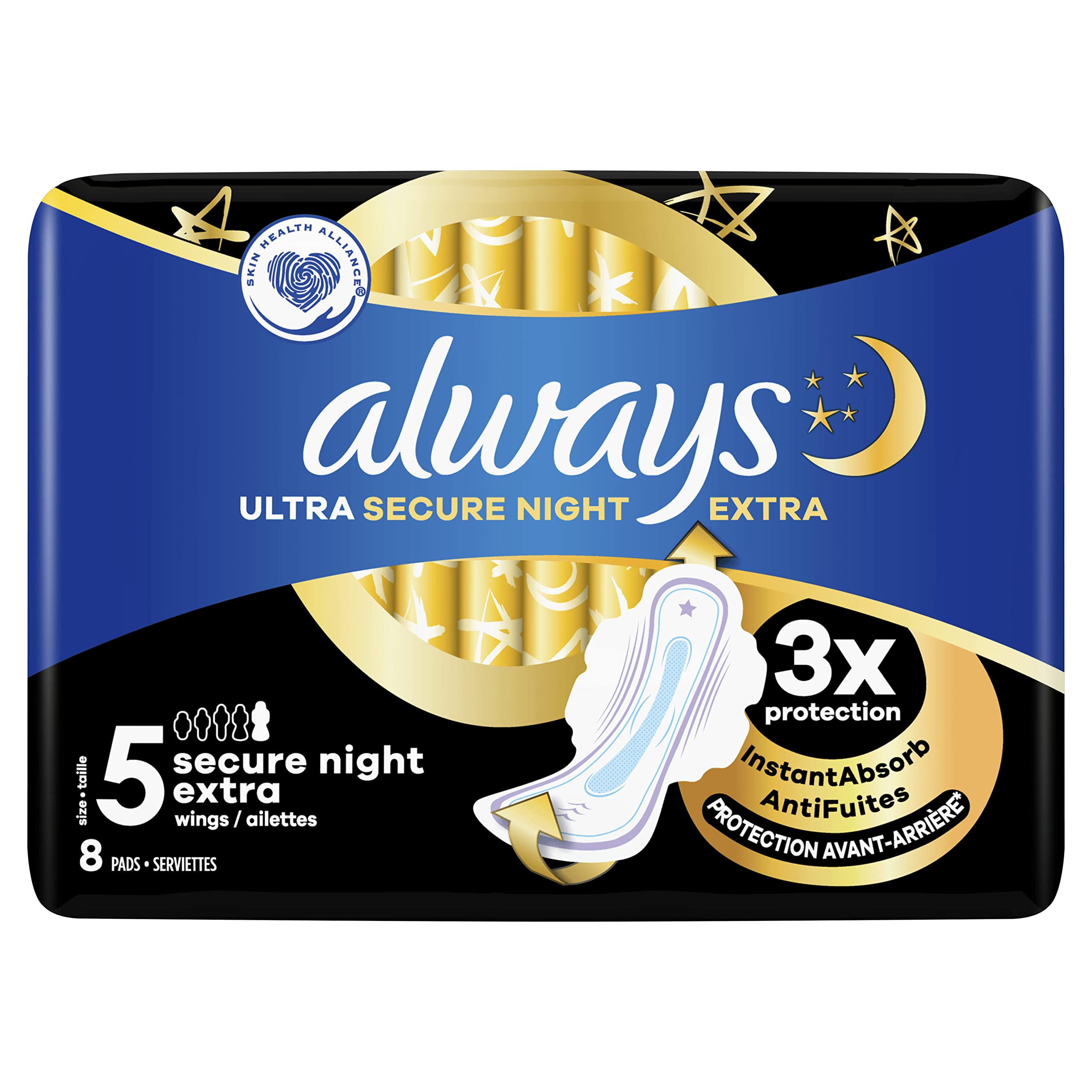 Always Ultra Damenbinden, Größe 5, Extra Secure Night, 128 Binden mit Flügeln, sehr reichlich fließende Nacht, Eco-Format, maximaler Komfort, super saugfähig und ultradünn