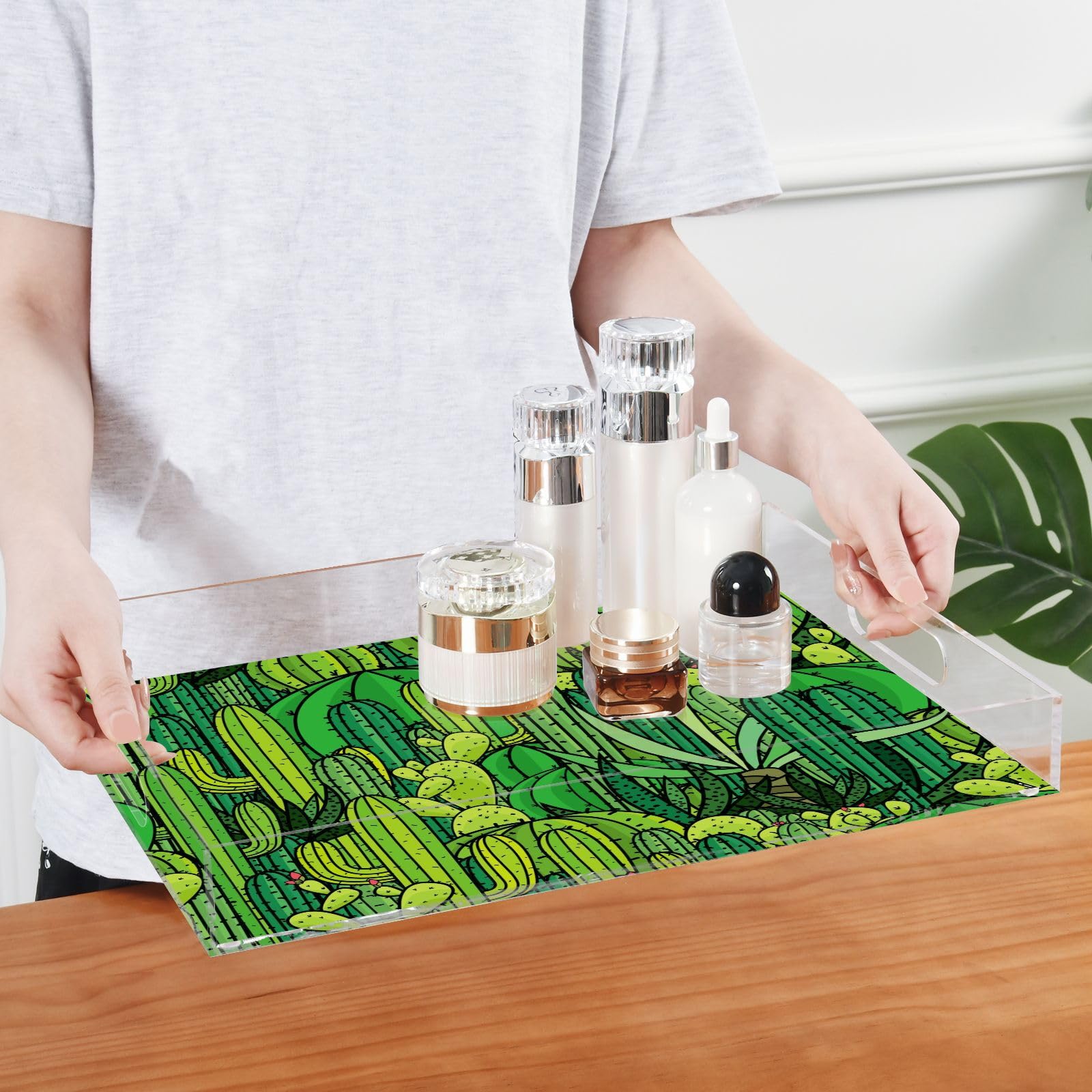 Bandejas acrílicas transparentes personalizadas de plantas de cactus verdes con asas, bandeja acrílica para cama, bandejas acrílicas a prueba de derrames para servir de 12 x 16 pulgadas
