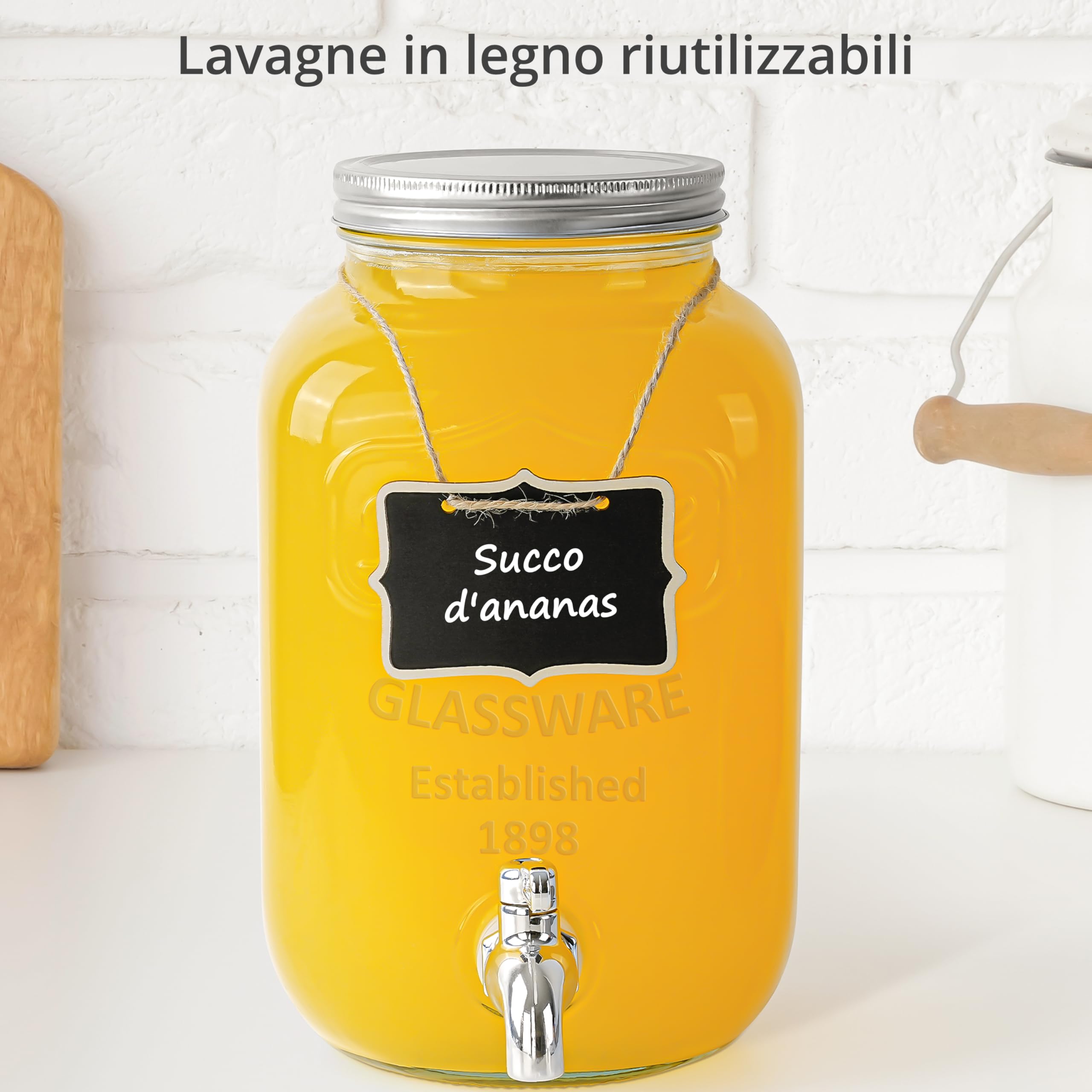 Winter Shore Distributore Bevande in Vetro da 3,8L con Supporto [Set da 2] - Dispenser Bevande in Materiali Alimentari e Senza BPA per Succo, Tè - 2 Dispenser con Rubinetto e 2 Etichette in Legno