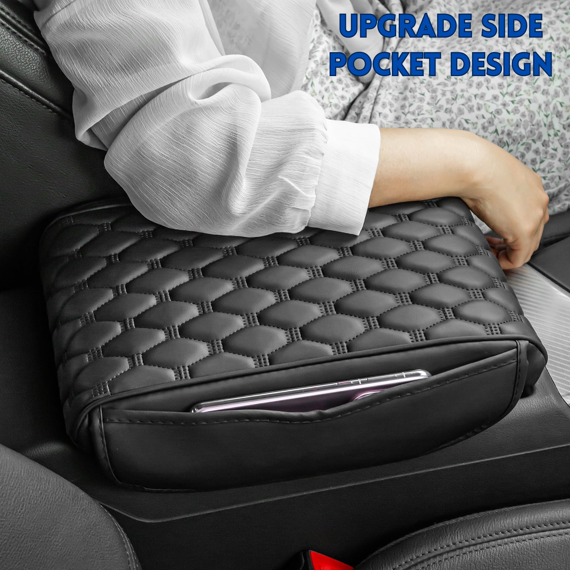 Cojín Protector Para Reposabrazos De Consola Central De Coche - Color Blanquecino, De Cuero Con Esponja Memoria, Bolsillos Laterales - Para Mayoría De Vehículos