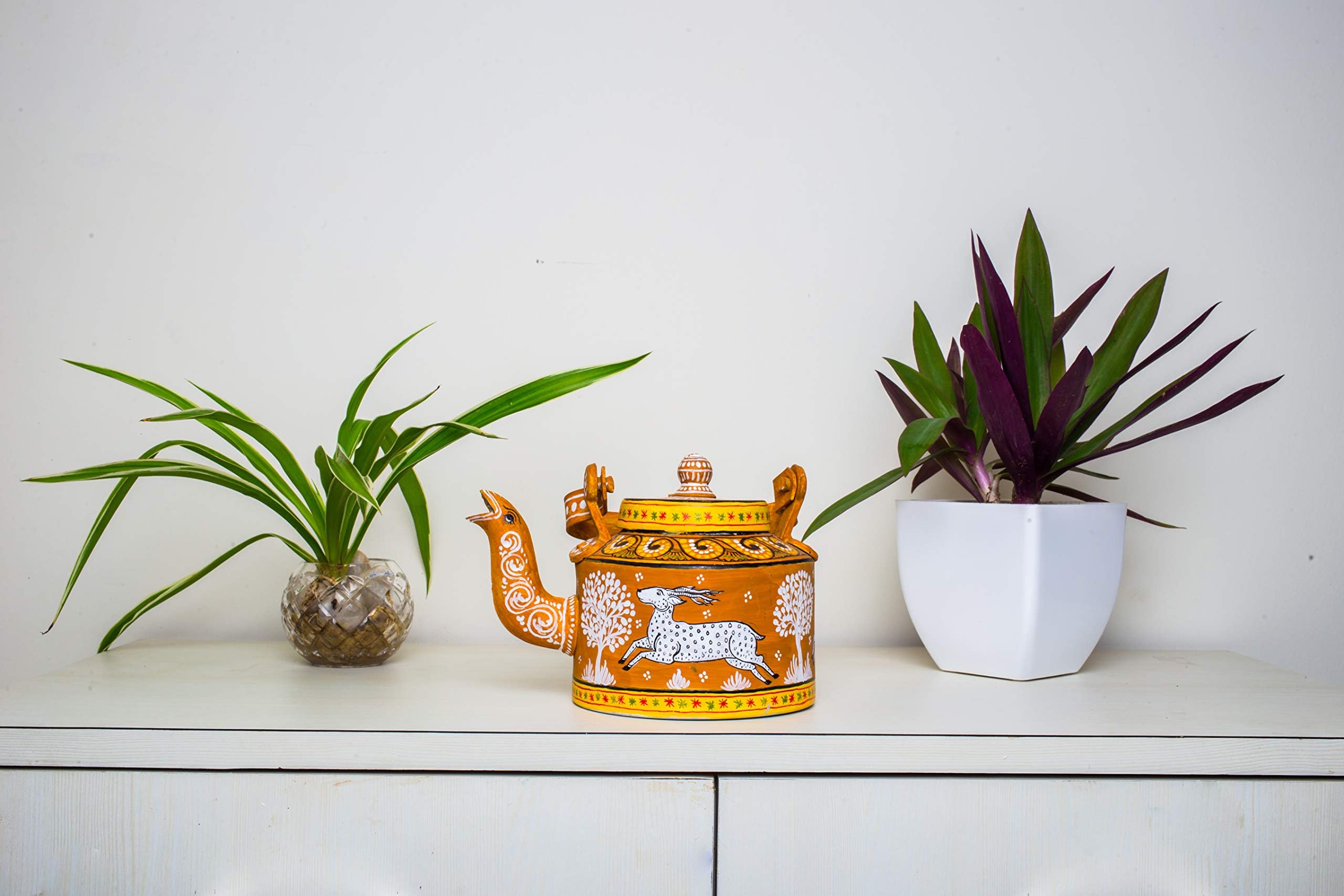 Vintage Vistara Intricate Designs Hand Painted Indian Unique Design White Galloping Deer Brown Pattachitra Kettle