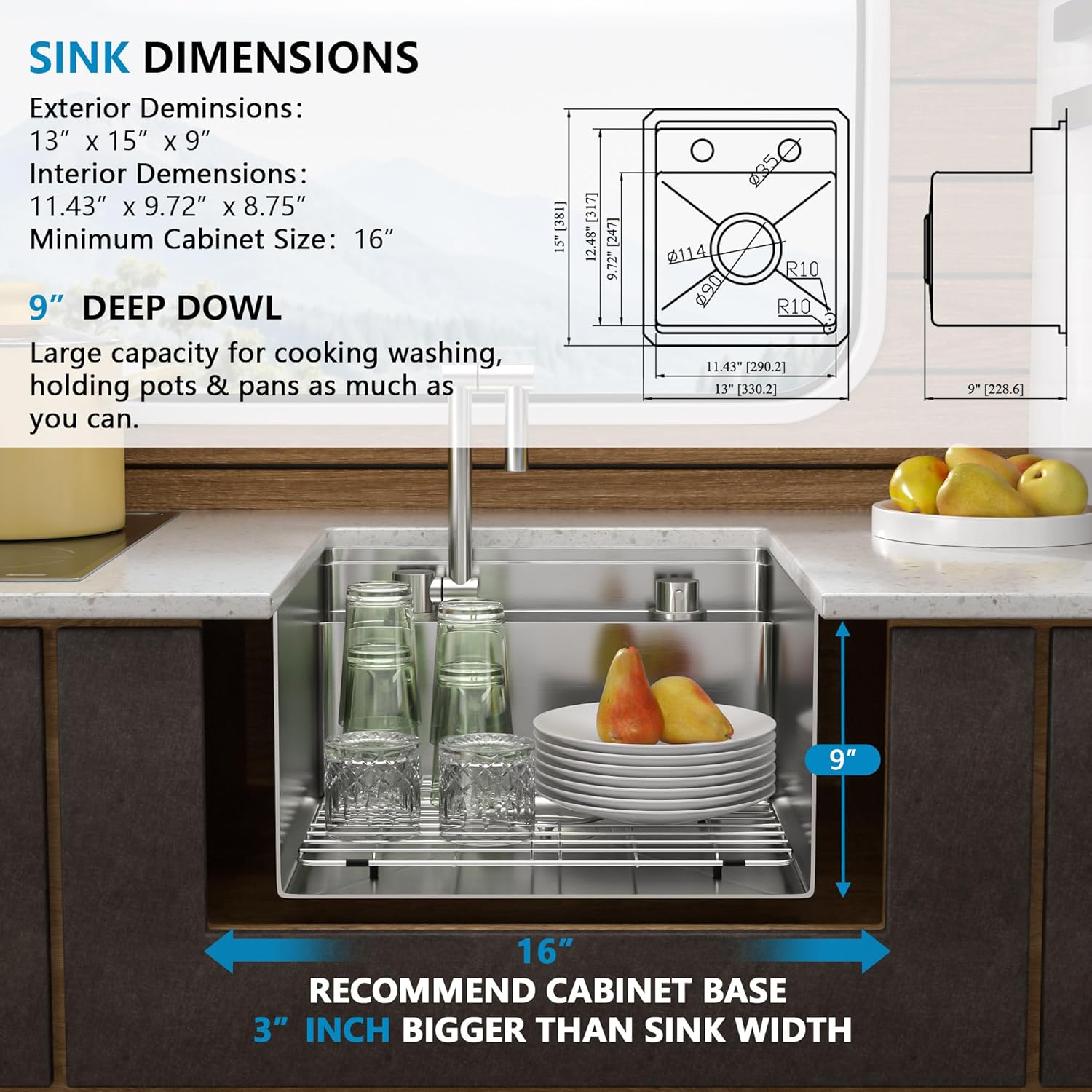13"x15" Undermount RV Kitchen Sink Workstation – 16 Gauge 304 Stainless Steel Under Counter Single Bowl Basin with Foldable Faucet for RV, Camper, Mobile Home, Wet Bar, Outdoor Kitchen