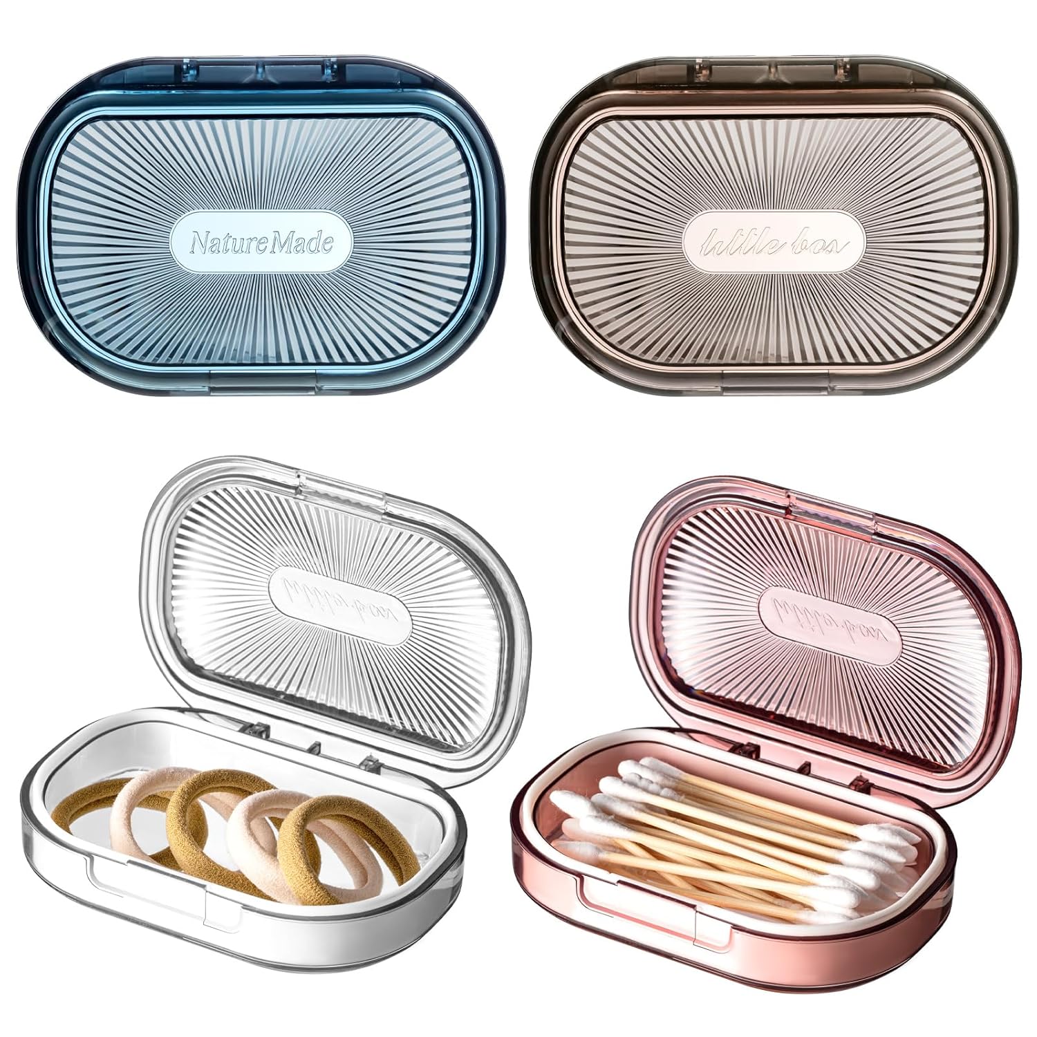 Kigley 4 Pcs Hair Tie Container Small Portable Travel Cotton Swab Holder Dispenser with Lid Plastic Box Storage