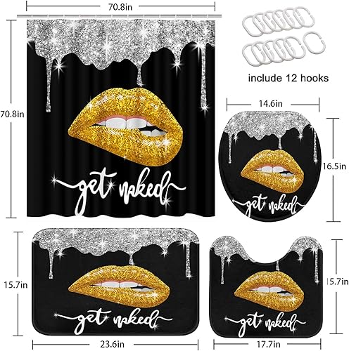 Miniatura 10 de Arttown Juego de baño negro con cortina de ducha y accesorios de alfombras, cortinas de ducha con labios de diamante, decoración de baño negro y