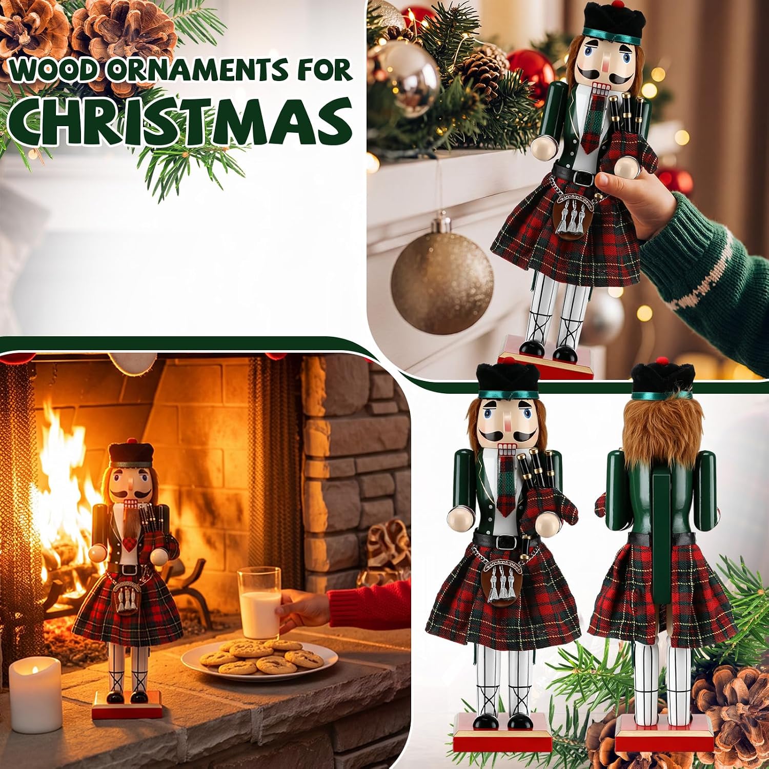 Wenqik 14 Inch Traditional Wooden Nutcracker Christmas Collectible Nutcracker Green Scottish Bagpiper Wooden Puppet Ornaments Gift for Winter Xmas Table Desktop Fireplace Decorations