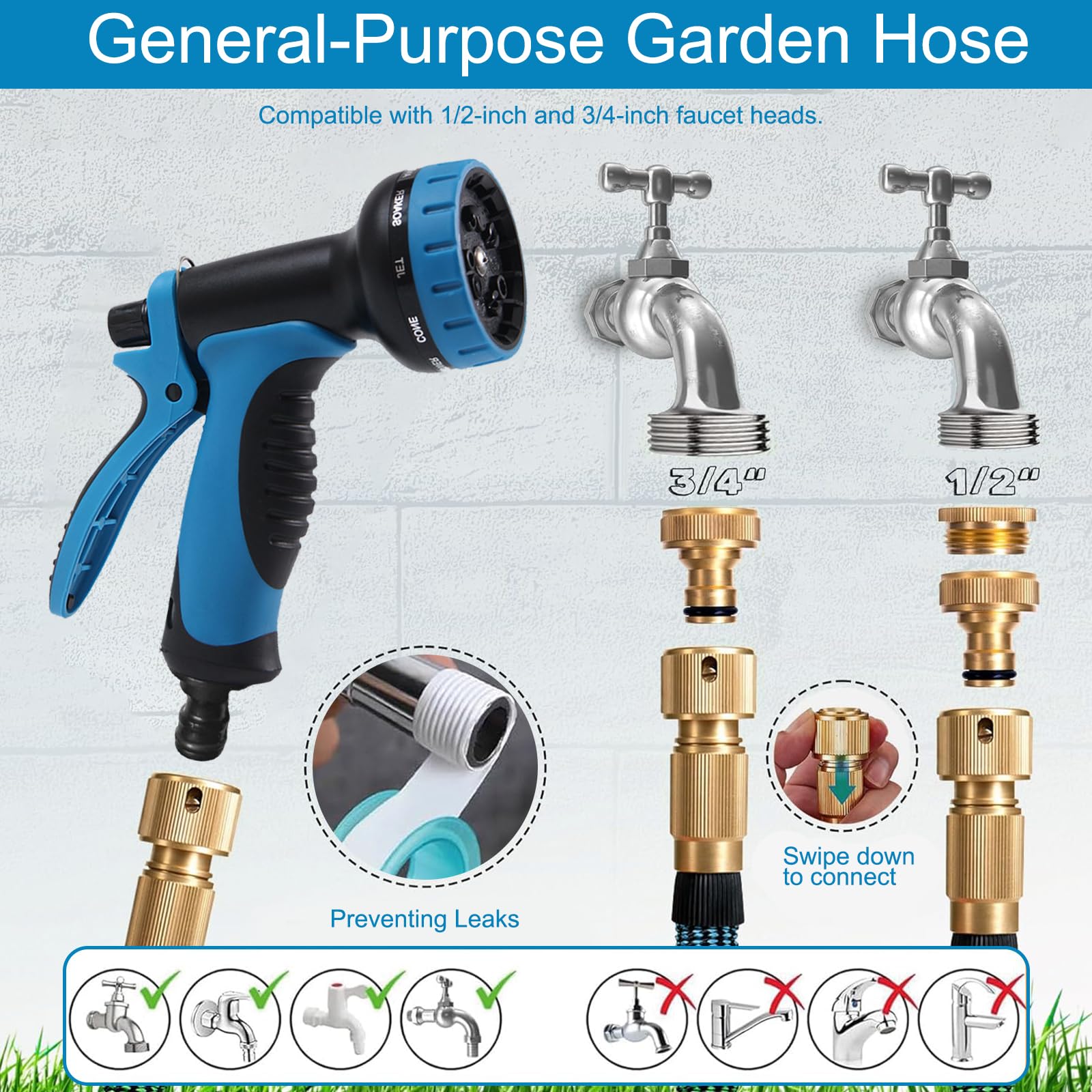 Tubo Estensibile da Giardino 15m, Tubo da Giardino Flessibile, Tubo Irrigazione Da Giardino con Pistola 10 Funzioni, Canna Acqua con Adattatori 1/2" 3/4", per Giardino e Lavaggio Auto