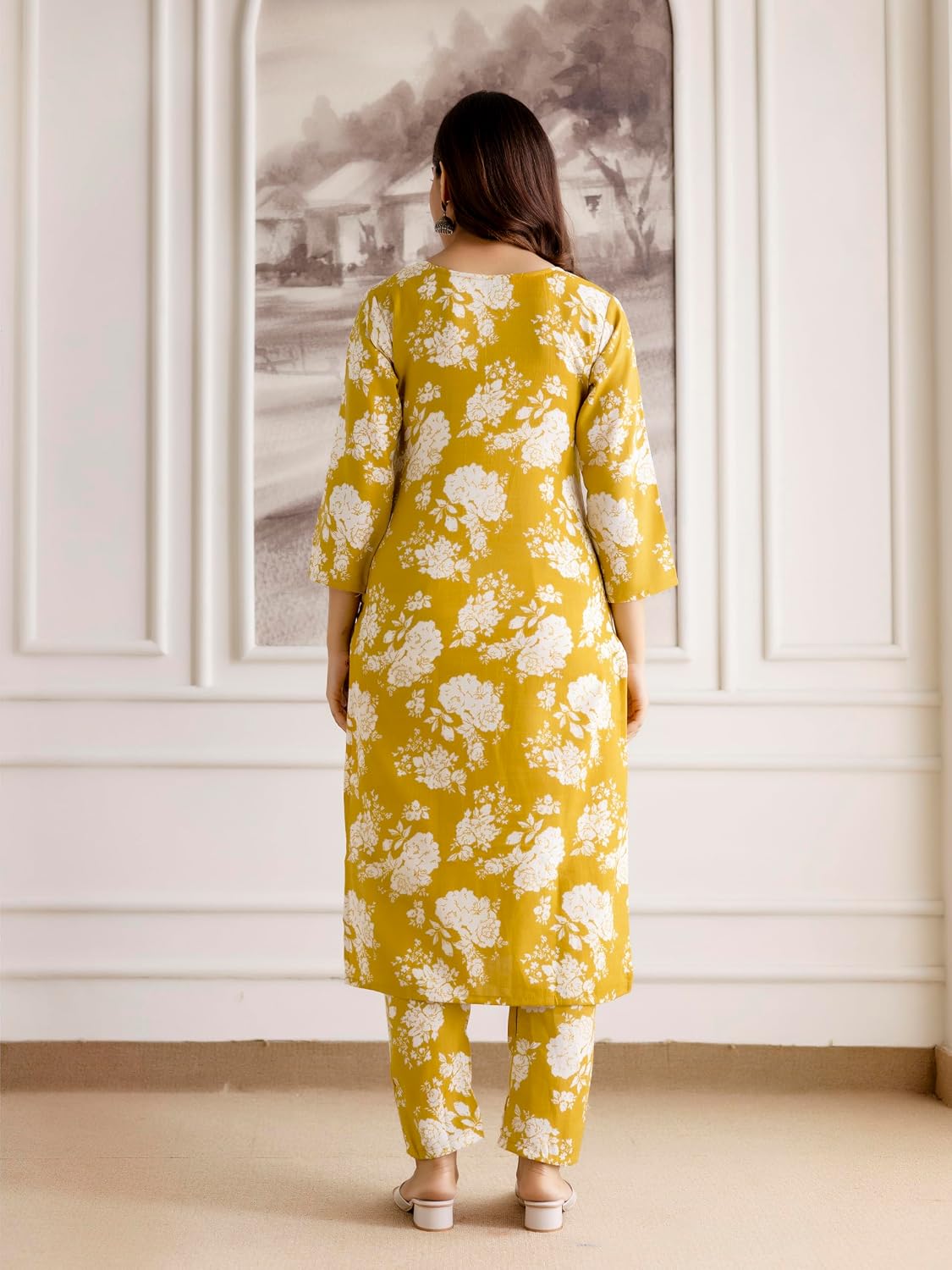 TRENDMALLS Women's Cotton Slub Magic Printed Kurta Pant Embroidery Neck Work Kurta Set (E66-Yellow-M)