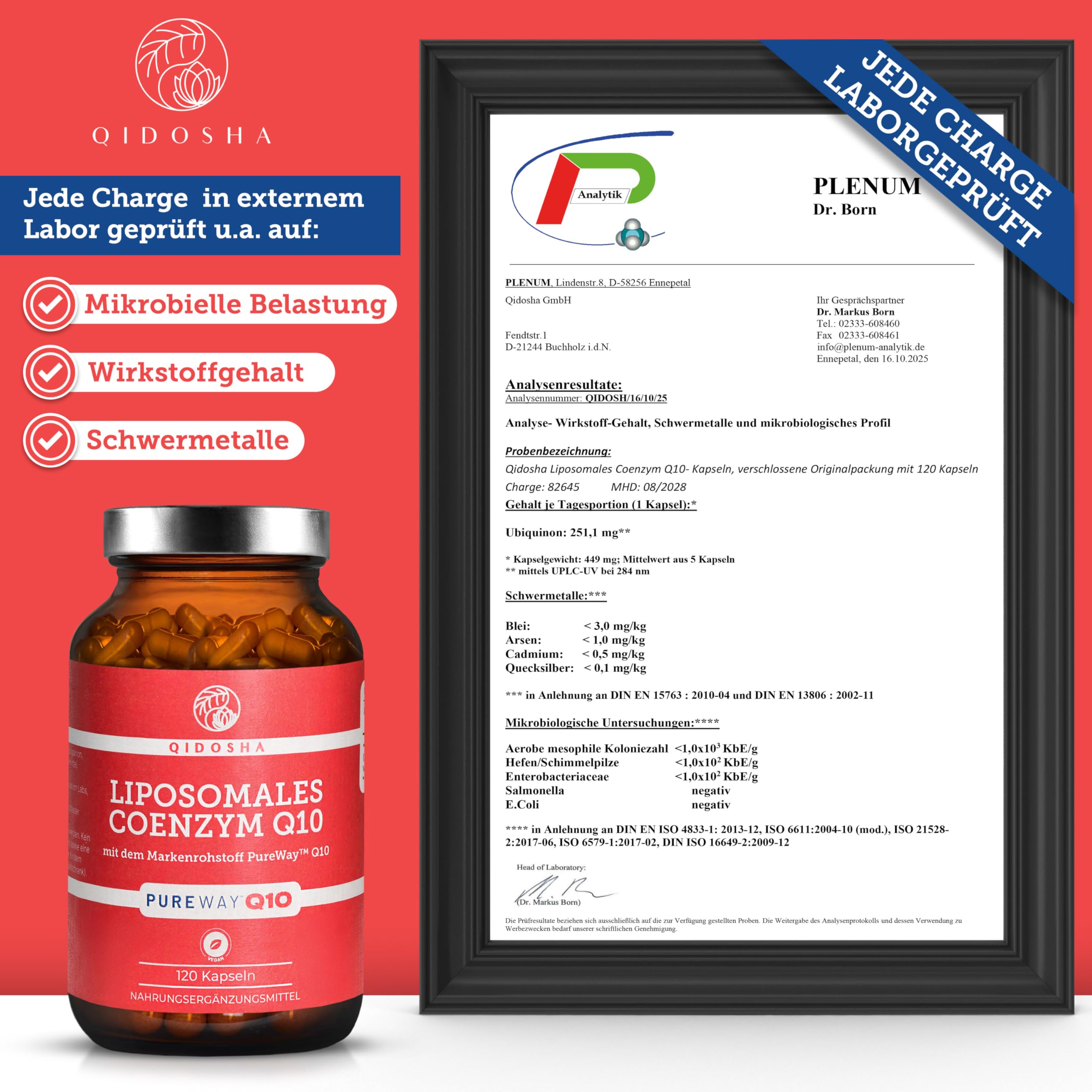 QIDOSHA® Coenzym Q10 liposomal mit dem Markenrohstoff "PureWay™ Q10", 120 Kapseln im Apothekerglas, hohe Bioverfügbarkeit, echte liposomale Technologie, deutsche Fertigung, jede Charge laborgeprüft