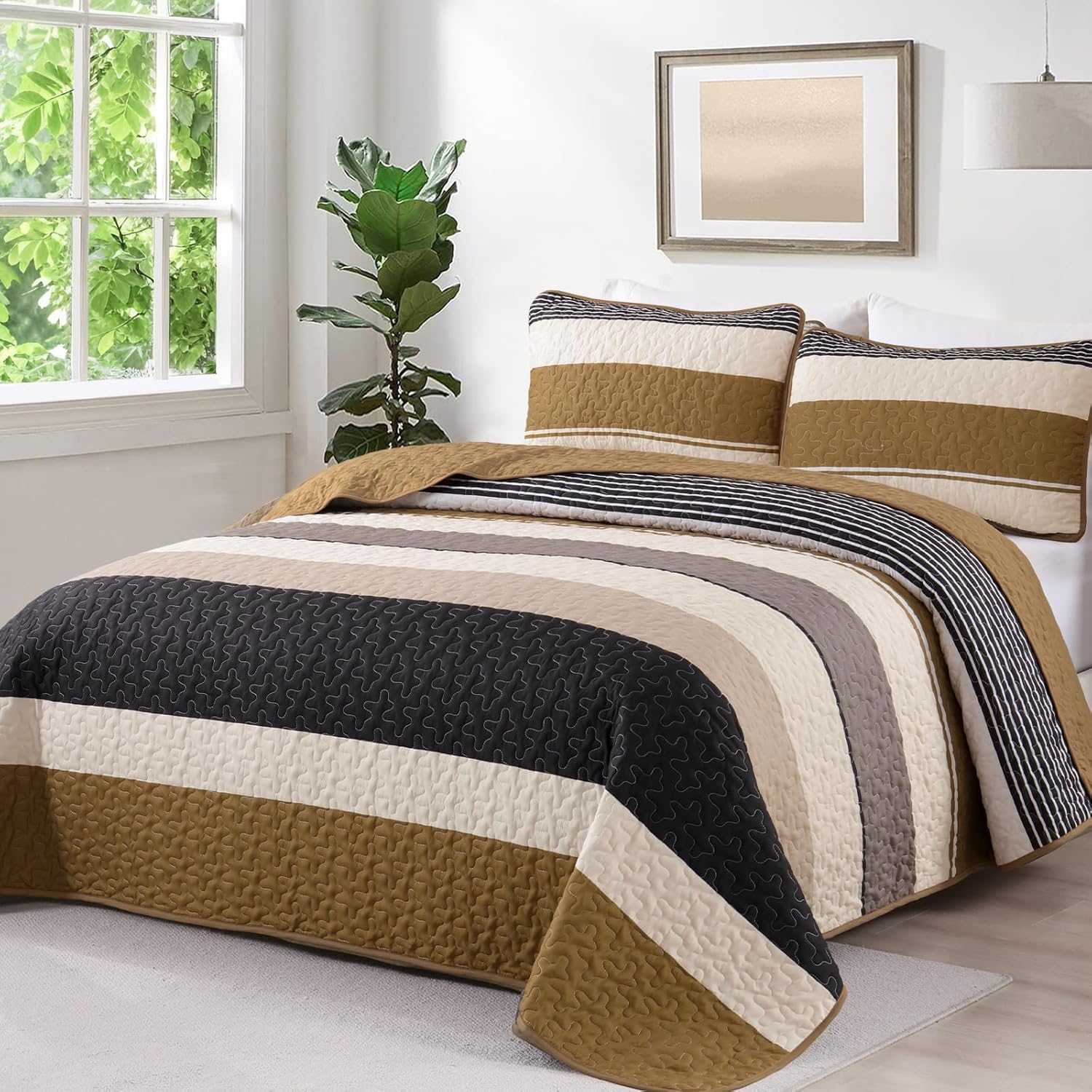 Dinjoy King Size Quilt Set Brown, 3 Pieces Boho Patchwork Striped Quilted Bedding Sets Soft Lightweight Bedspreads & Coverlets Set, for All Seasons 110"x90"