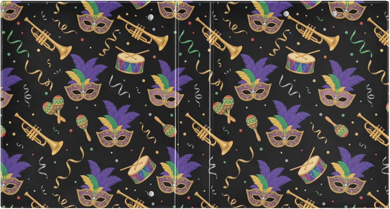 Mardi Gras Mask 3 Ring Binders, 1.5” Round Ring Binders with Clipboard - Letter Size, 3 Interior PVC Clear Pockets & Anti-Slip Clip for Office School Supplies, 2PCS