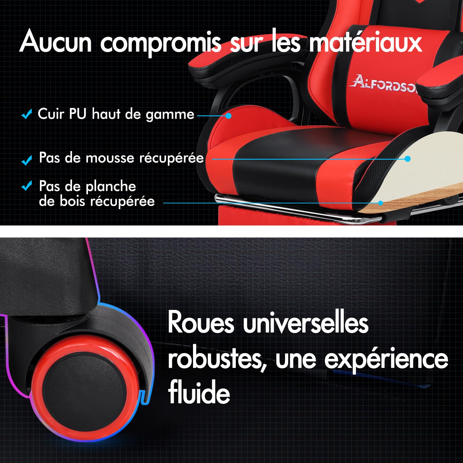 ALFORDSON LED Chaise Gaming, Siege Gaming avec Massage 8 Points, Fauteuil de Gaming Pivotant Ergonomique avec Éclairage RVB avec Support Lombaire et Appui-Tête, Hauteur Réglable, Rouge
