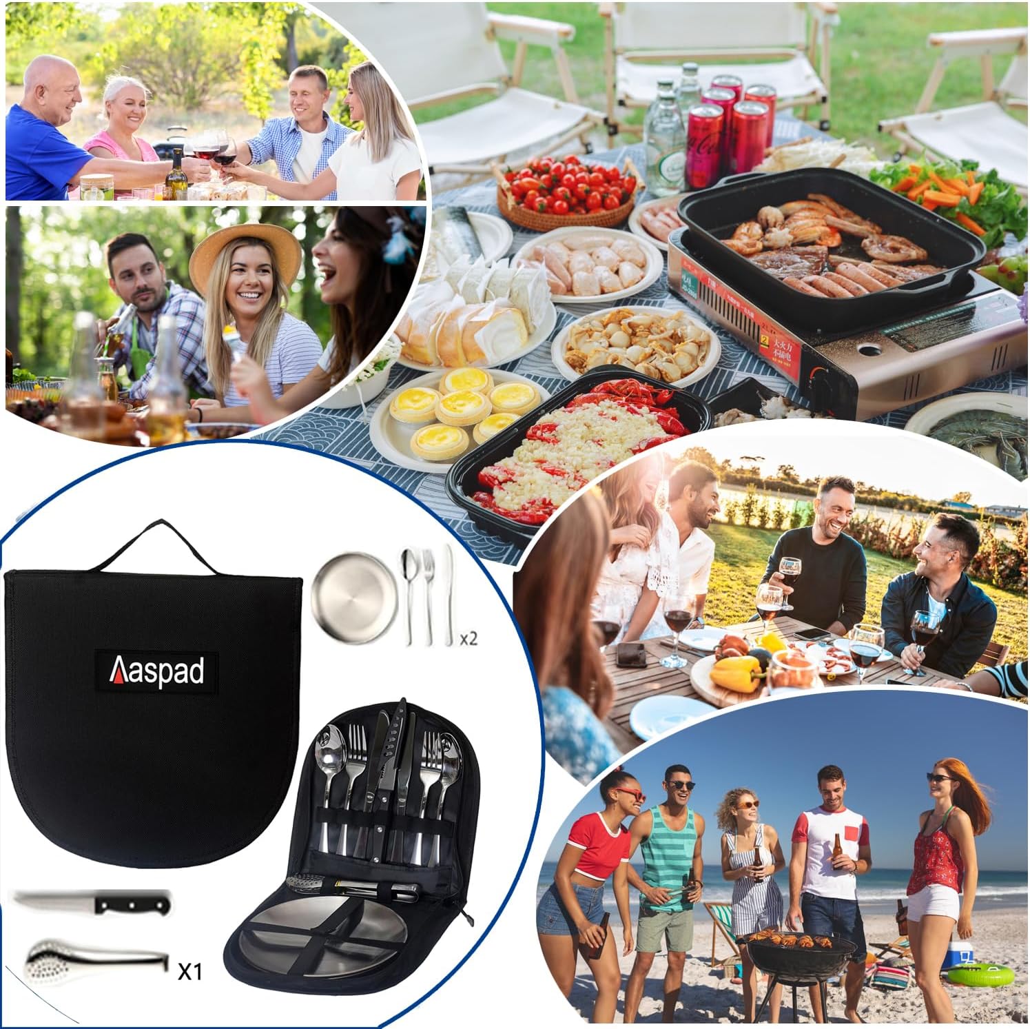 Full Size Stainless Steel Dishes & Utensils Sets Outdoor Camping Mess Kits Flatware Picnic Silverware Cutlery Kits Carrier Case Packed of 2 Forks,2 Spoons,1 Serrated Knife,1 Food Clip,2 Plates