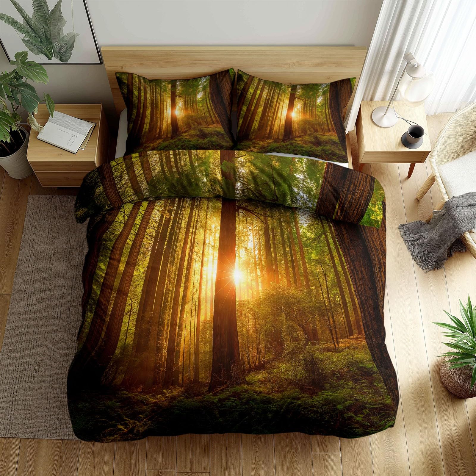 Housse de couette vert pour chambre d'enfant style forêt et nature ensoleillée