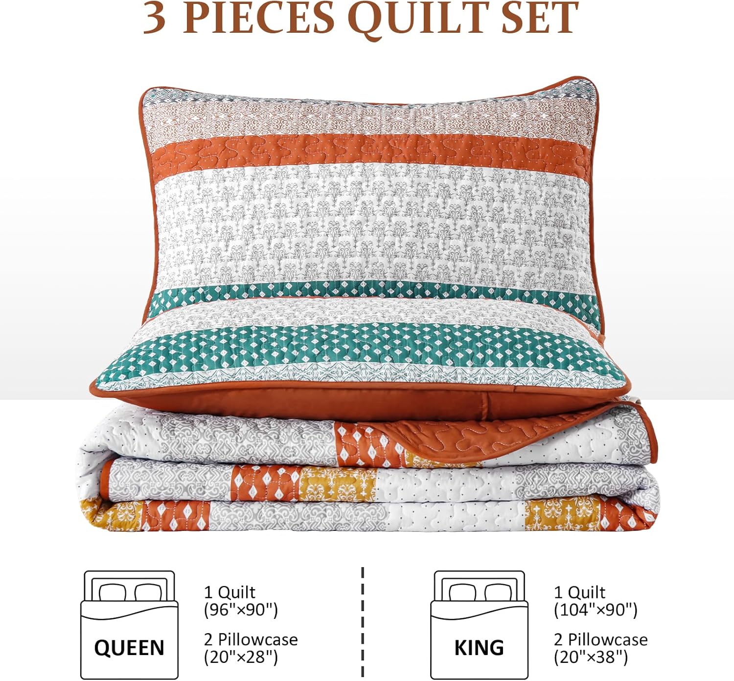 WONGS BEDDING Orange Quilt King Size, Bohemian Stripe Quilt Sets 3 Pieces Boho Quilted Bedspread Set Lightweight Microfiber Coverlet Bedding Set All Season (104"x90") - Image 7
