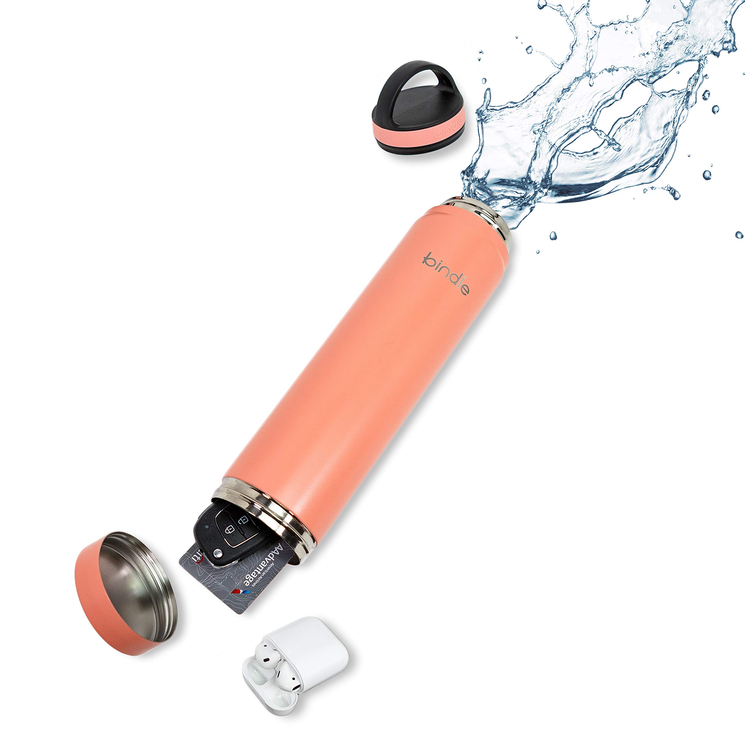 Bindle Bottle Vacuum Insulated Water Bottle, Stainless Steel & Double Walled, Hidden Stash/Storage Compartment, Stays Cold for 24 Hours, Hot for 12, Leak Proof Wide Mouth Lid, Coral, 20 oz