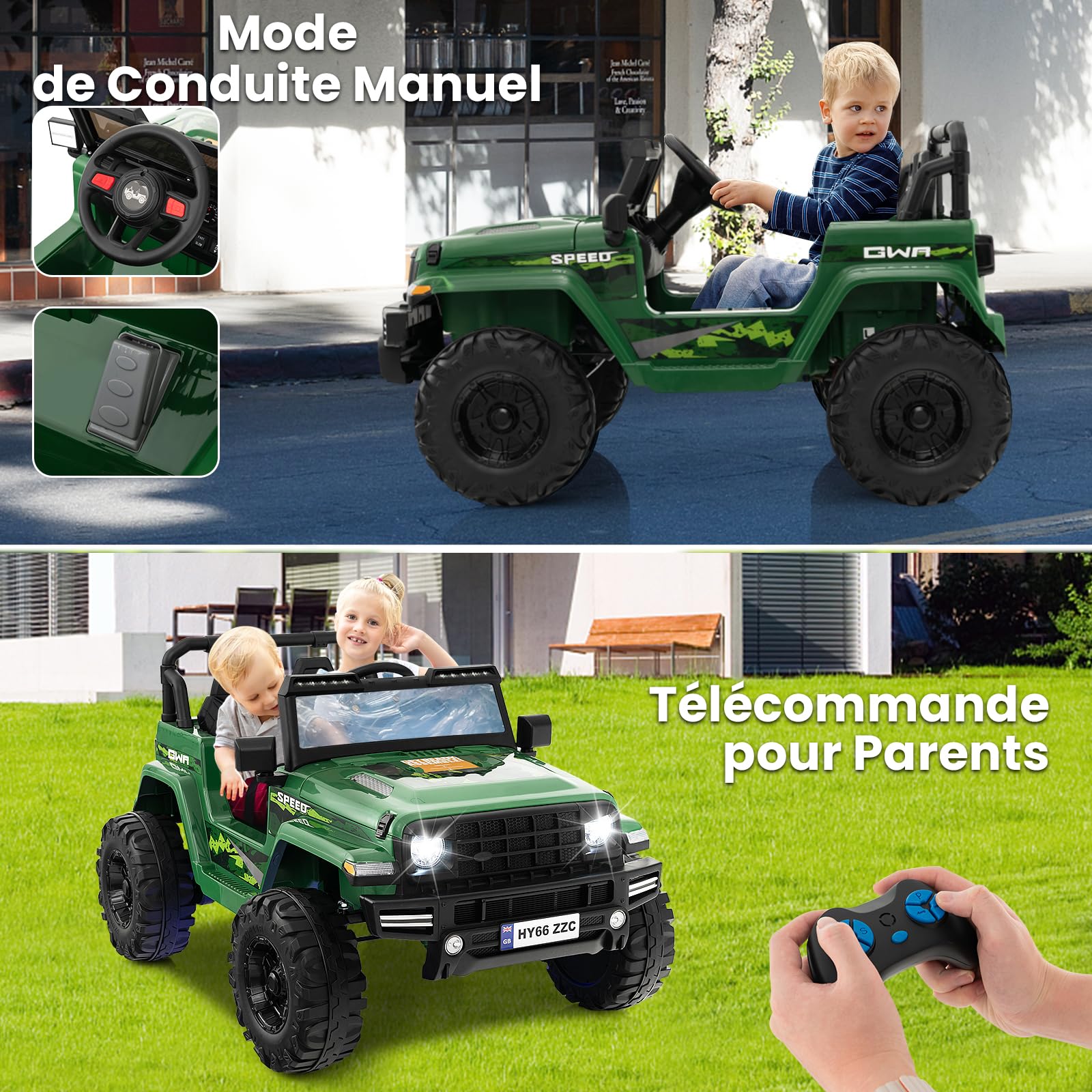 COSTWAY 24V Voiture Electrique 2 Places Enfants avec Télécommande 2,4G, Véhicule Electrique avec Musique & Lumières LED, Démarrage Lent & 2 Vitesses, Charge 35kg pour Enfants de 3-8 Ans+ (Vert)