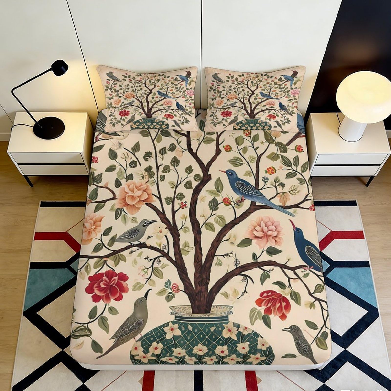 3D Printed Tree Bird Fitted Sheet Microfiber Deep Pocket Non-Slip Bedroom Bedding Tree Bird Mattress Fitted Cover for Adults Teens 180x200x25cm
