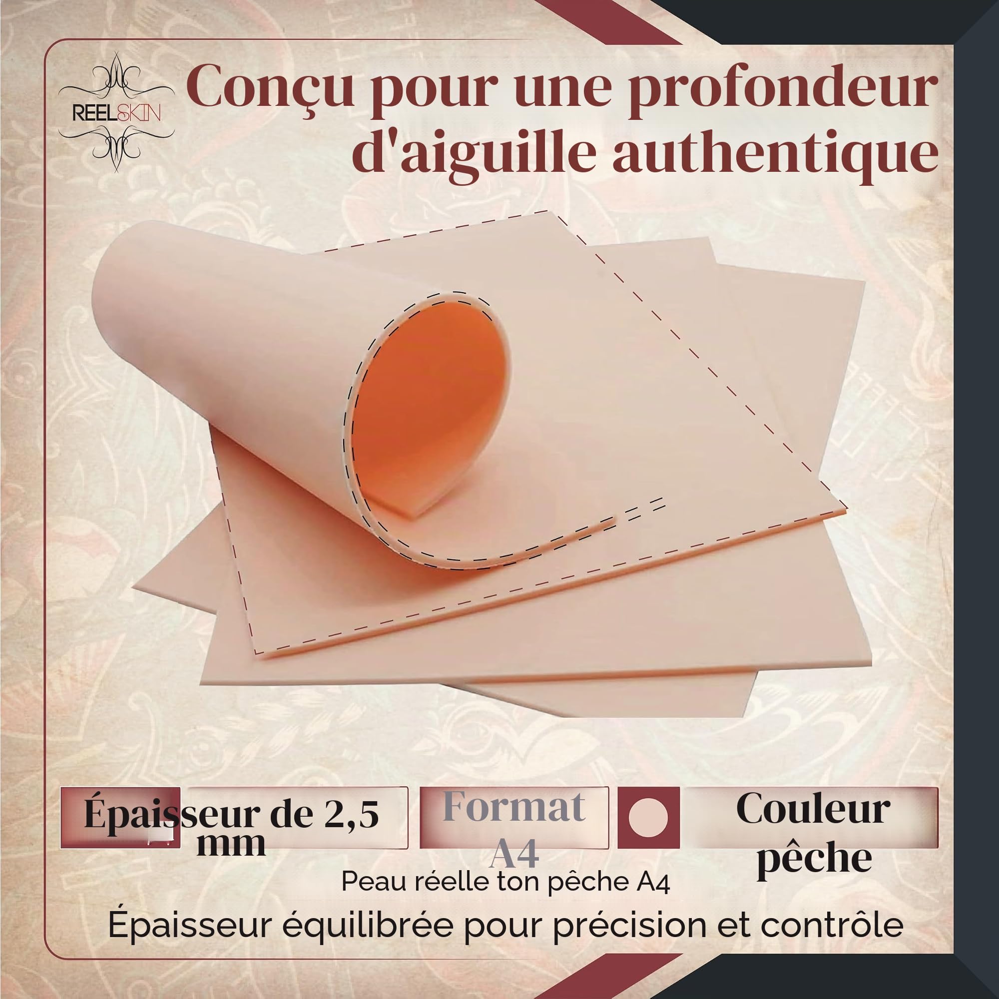 Reelskin Lot de 3 feuilles de silicone double face A4 pour pratique du tatouage, épaisseur 2,5 mm, s'étire comme de la vraie peau