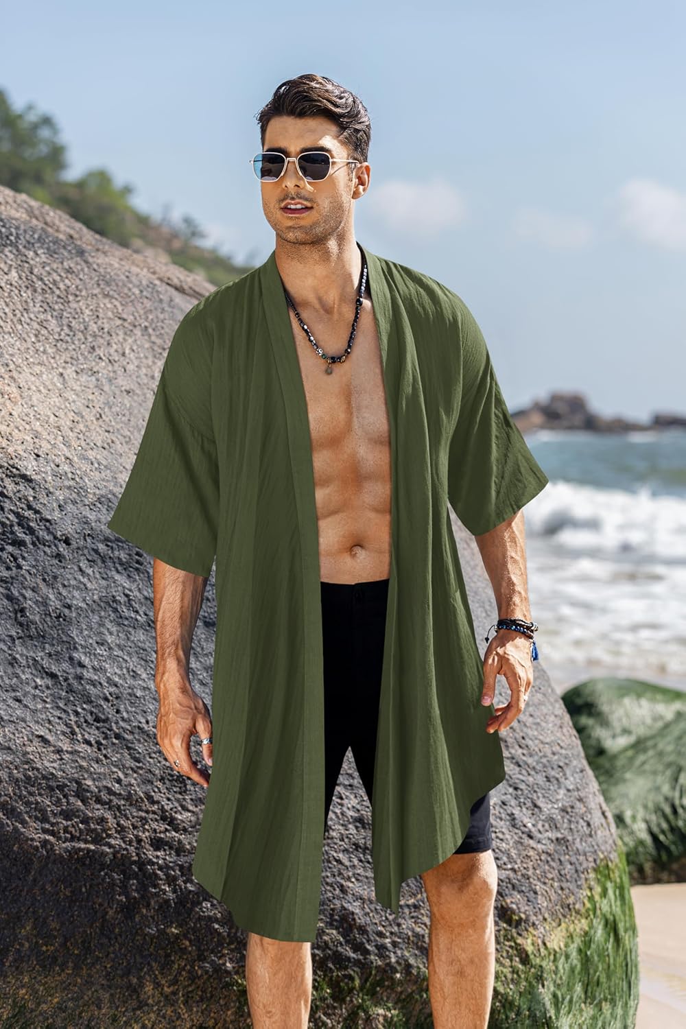 COOFANDY Men's Ruffle Shawl Collar Lightweight Cardigan Long Kimono Jackets Open Front Drape Cape Coat - Image 8