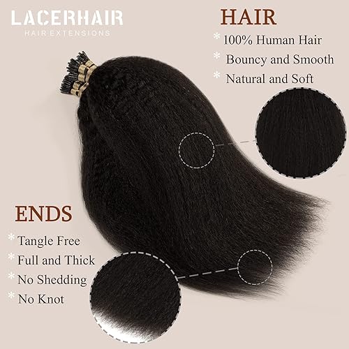 Miniatura 3 de Lacer Extensiones de cabello humano con punta en I, extensiones de cabello humano rizado lacio color negro natural, 1B de 12 pulgadas, extensiones