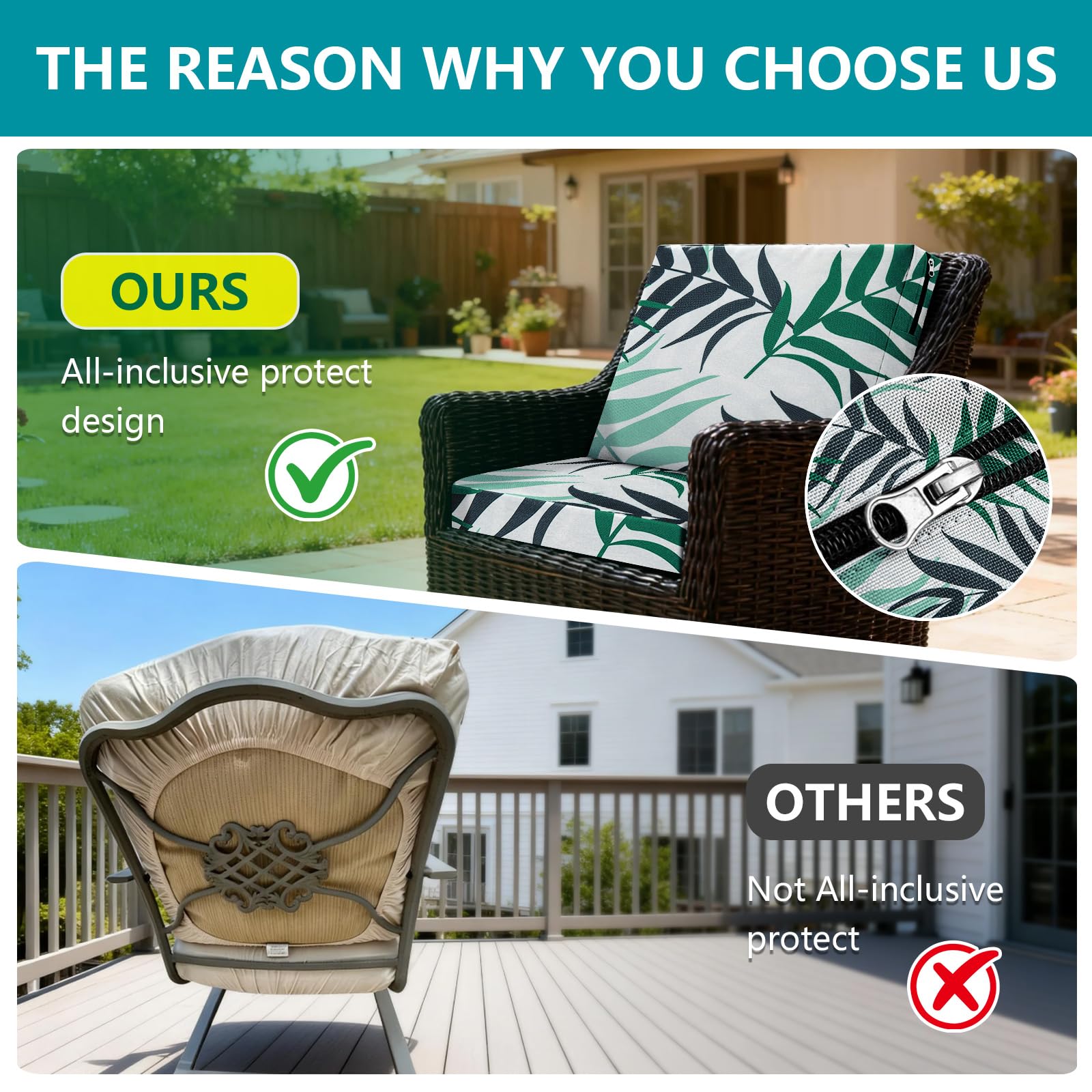 SYLC Set of 3 Garden Outdoor Cushion Covers, Waterproof Sofa Seat Covers with Zip, Seat Covers for Living Room Patio (Green Leaf, 2 x 50 x 5 cm + 1 x 107 x 46 x 8 cm) - 5
