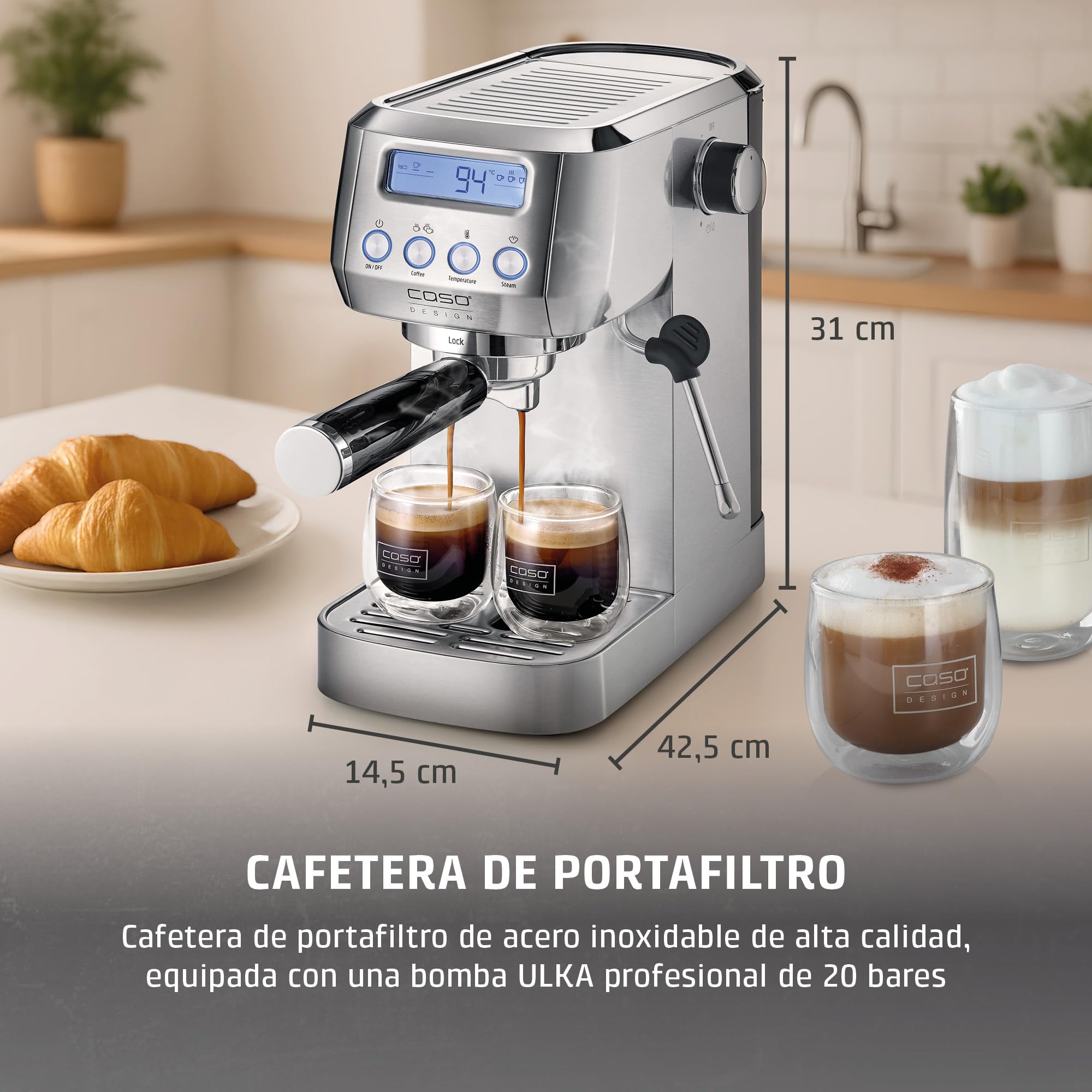 Caso Espresso Gourmet Crema - Cafetera Espresso con 1350W, bomba ULKA de 20 bares, Tiempo de calentamiento de 12 segundos, Brazo Doble Salida, Vaporizador, Superficie Calientatazas - Plata