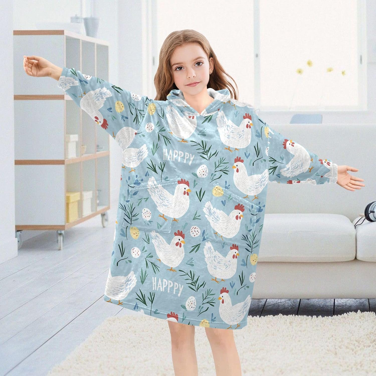 Cute Cock Rooster Kids Wearable Blanket Hoodie with Pocket and Sleeves for Toddlers, Cute Hoodies Girls Boys B0404064