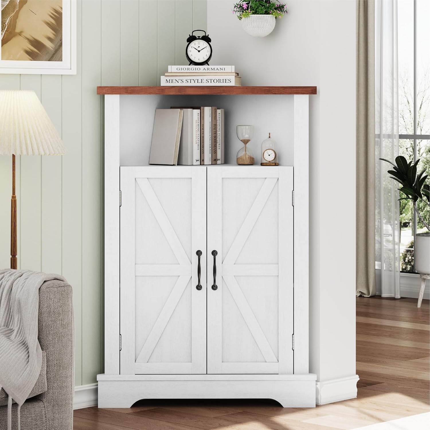 Smuxee Bathroom Corner Storage Cabinet, Farmhouse Floor Corner Cabinet with Barn Door and Adjustable Shelf, White Narrow Cabinet Organizer for Bathroom, Living Room, Kitchen
