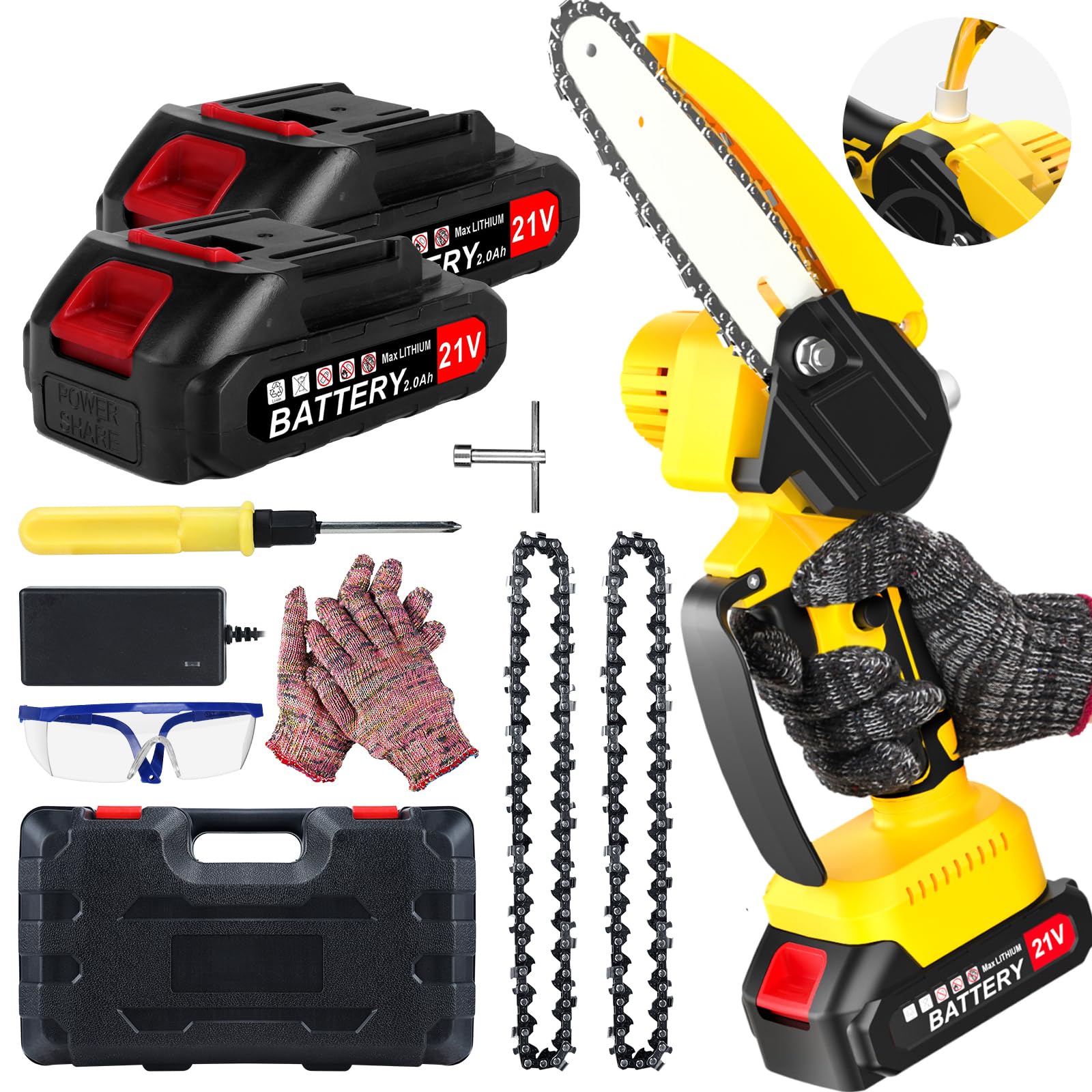 Tronçonneuse sur Batterie 4000mah 6 Pouces Mini Tronconneuse sans Fil avec 2 Chaines Système D'Huile Automatique 600W Moteur Brushless Coupe Branche Electrique Elagueuse Compatible avec Makita