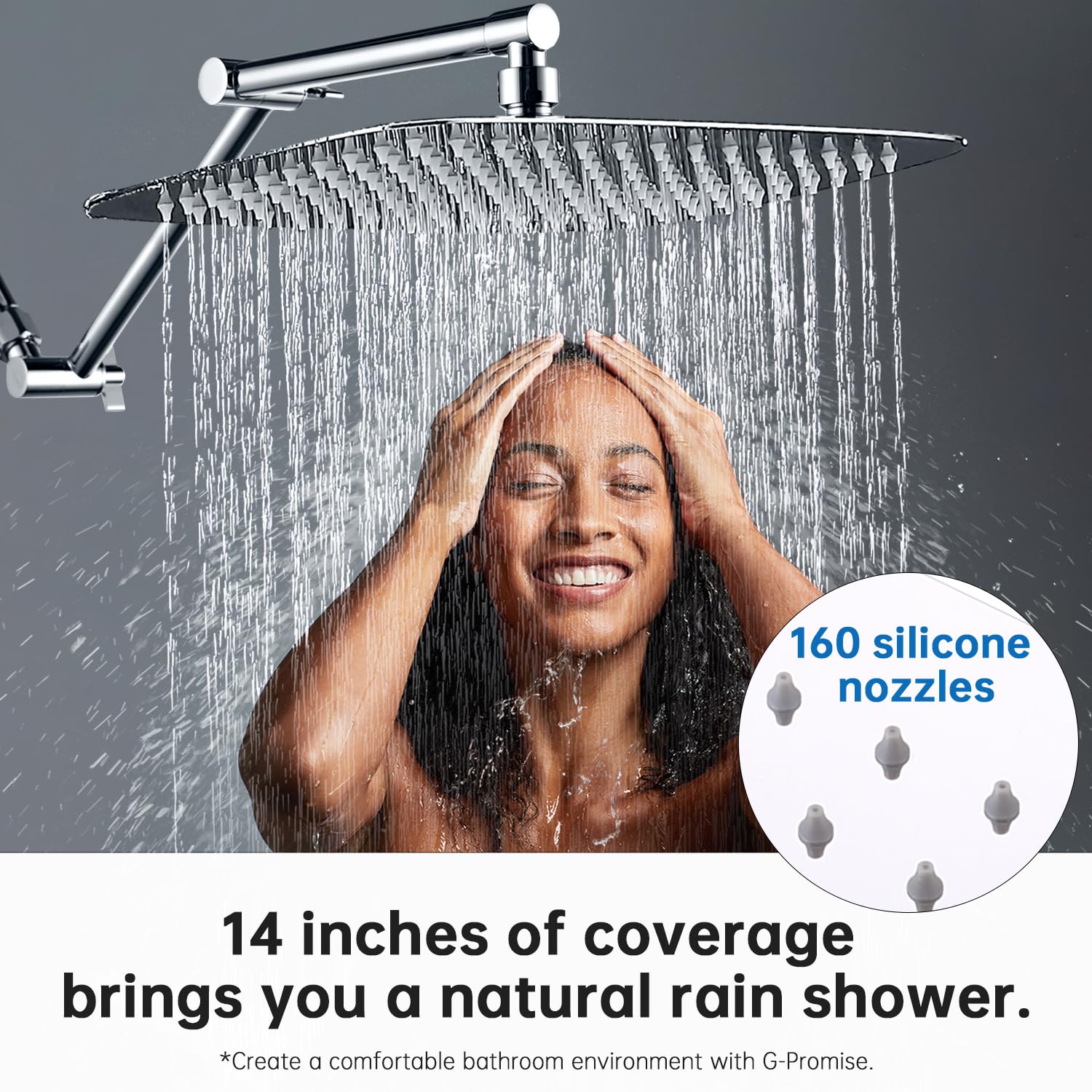 G-Promise Alcachofa de ducha de lluvia de metal de 14 pulgadas con brazo de extensión ajustable de 16 pulgadas, cabezal de ducha de lluvia de alta presión, aspecto moderno de lujo, rectangular, grande