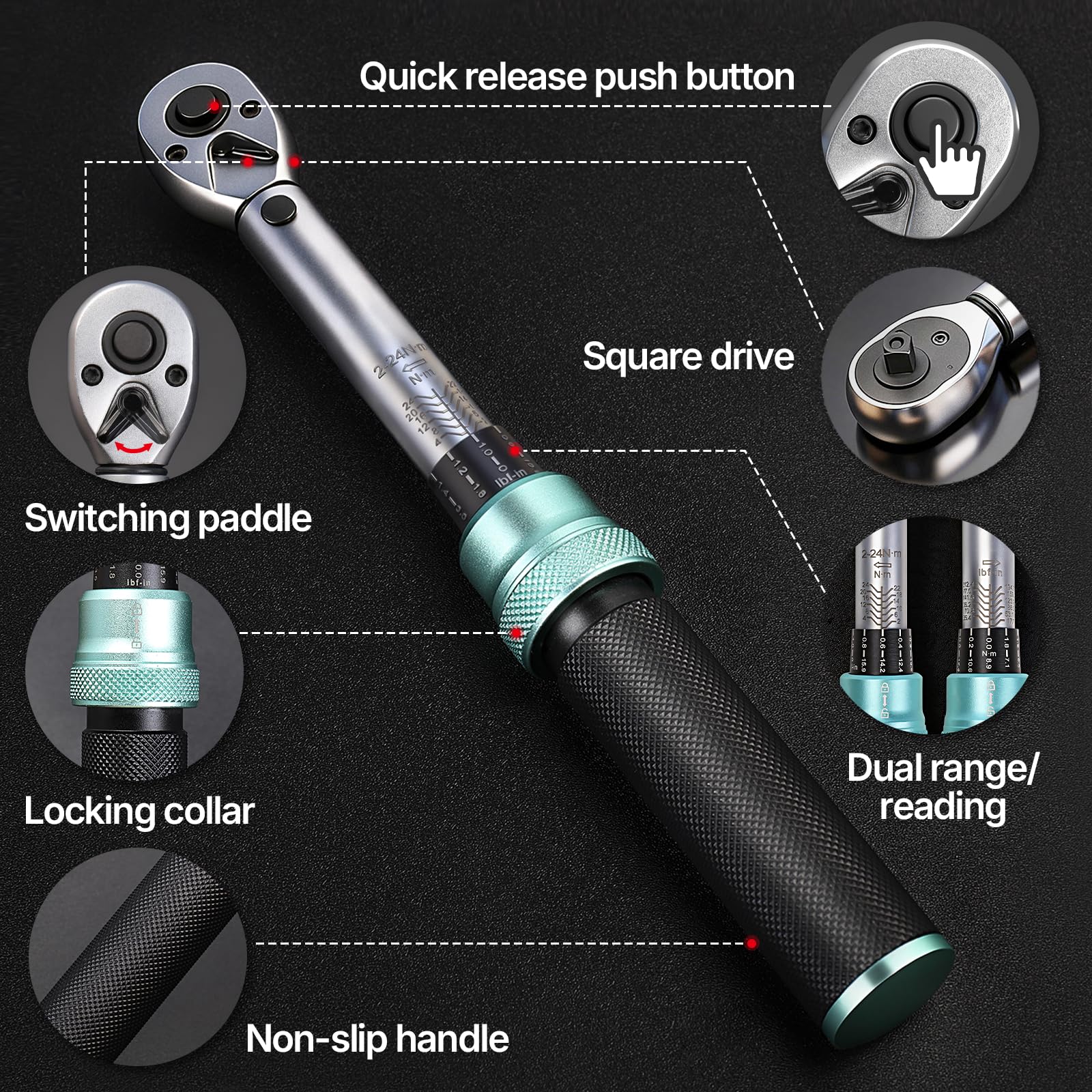 BLUEMARS Set di 33 chiavi dinamometriche da 0,6 cm, 2-24 Nm, piccolo strumento di riparazione per biciclette con cricchetto a 72 denti, precisione ± 3%, include barra di estensione e punte in acciaio