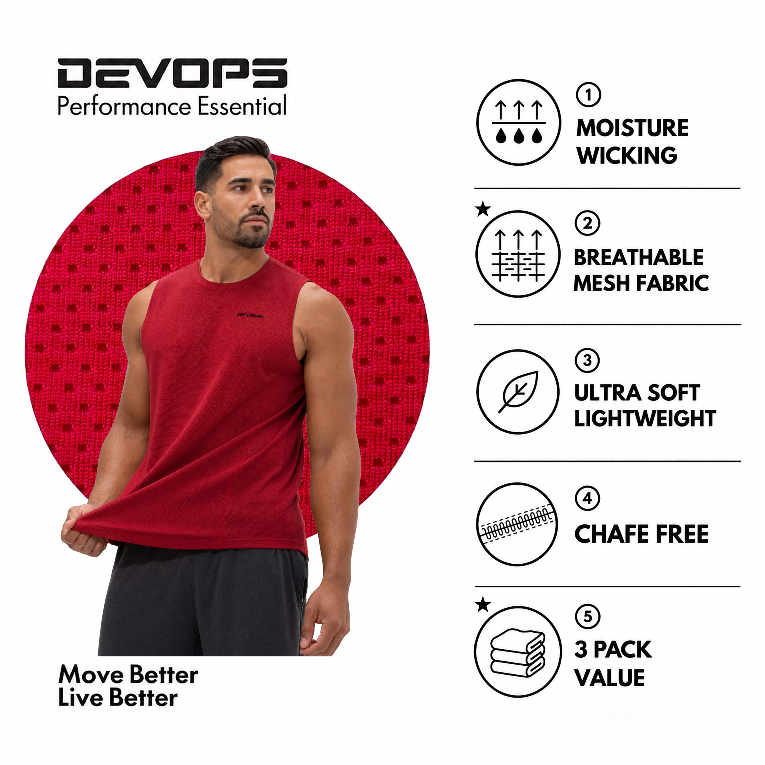 Devops, Confezione da 3 canottiere da uomo senza maniche, tessuto traspirante, ideali per allenamento in palestra, corsa e attività sportiva ad asciugatura rapida, XL