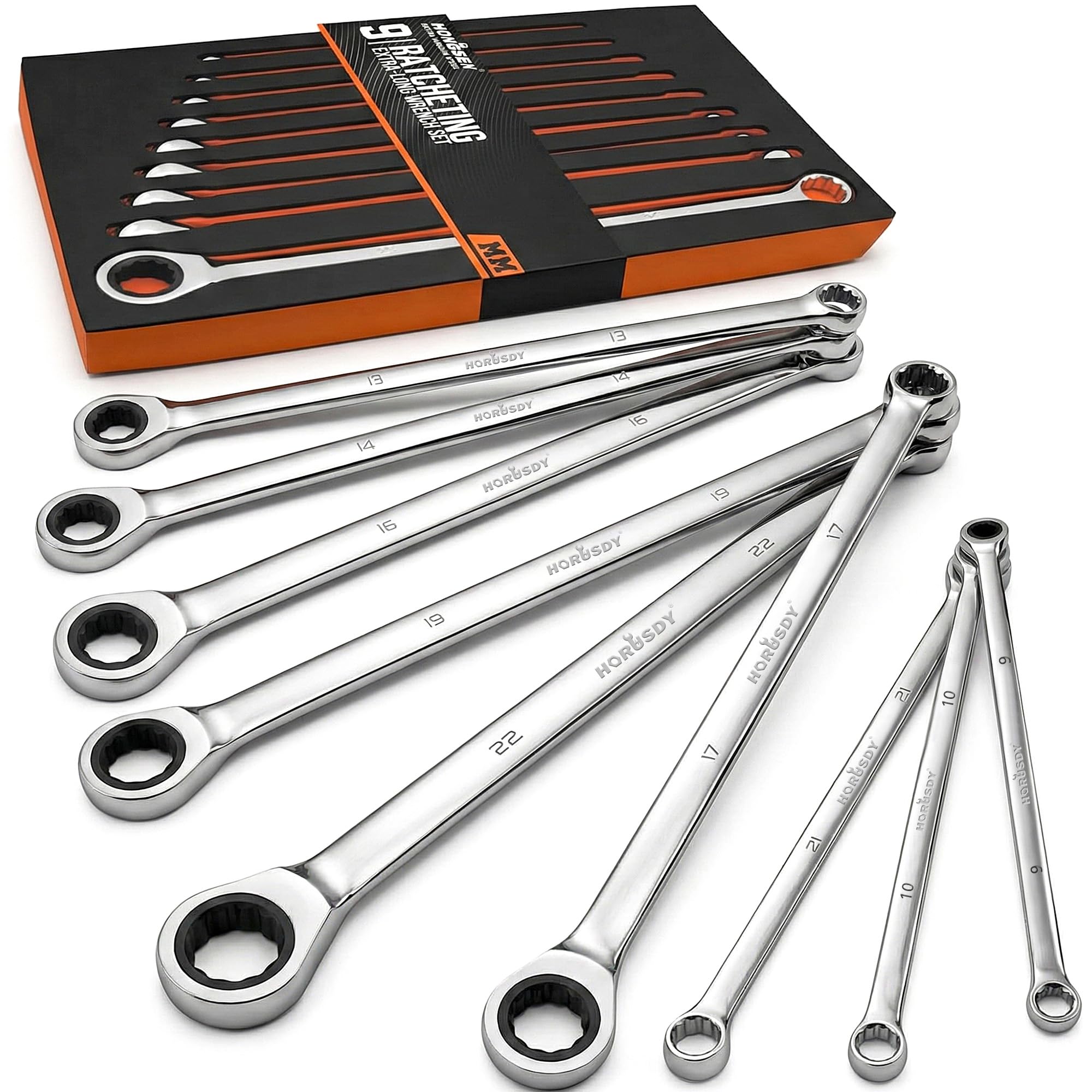 HORUSDY Extra Long Ratcheting Wrench Set, 8-22MM Double Box End, 9