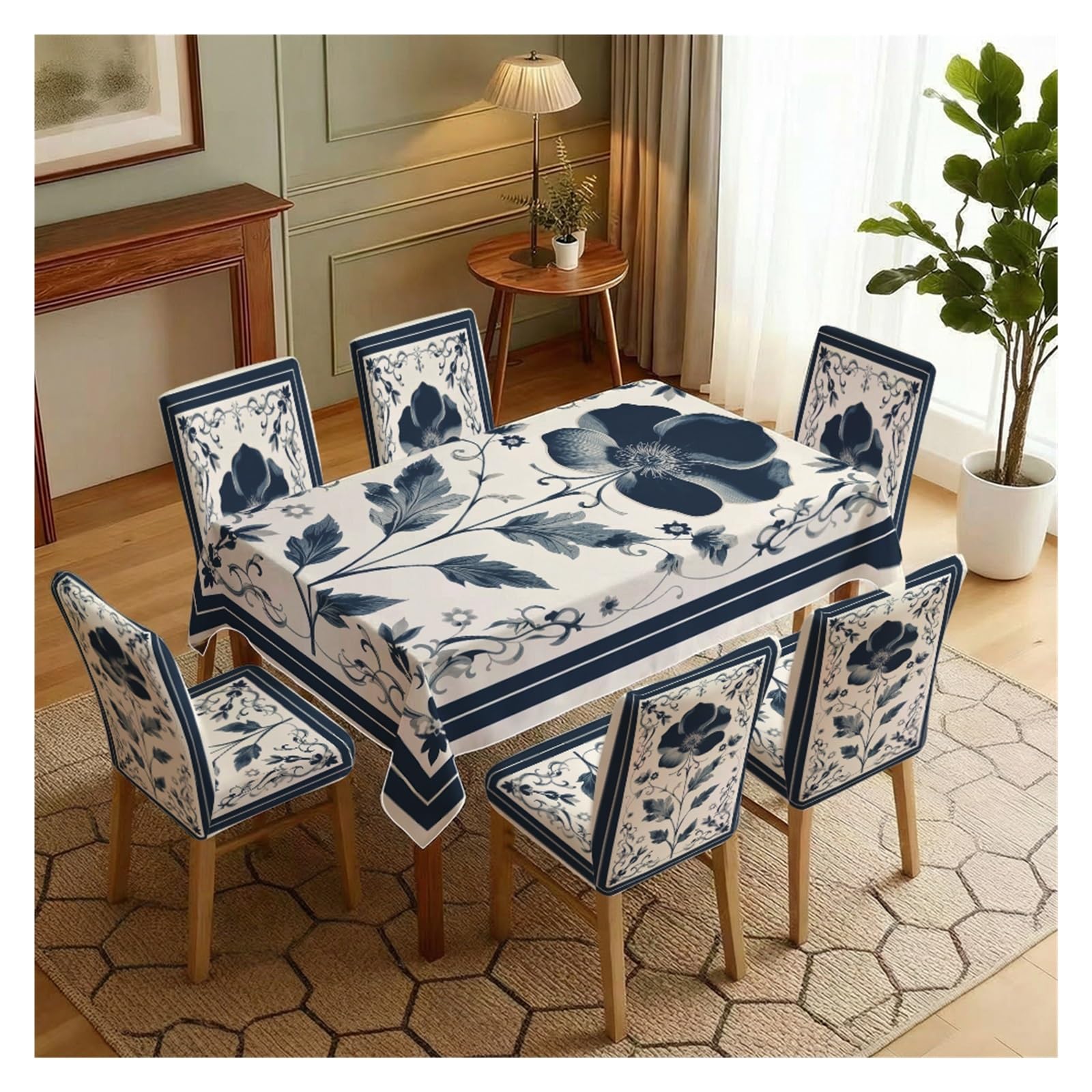 KXUAUV Blue Floral Print Stretch Dining Chair Covers & Tablecloth Set, 5/7 Pack Party Decor(7pcs Set: Tablecloth+Chair Covers)