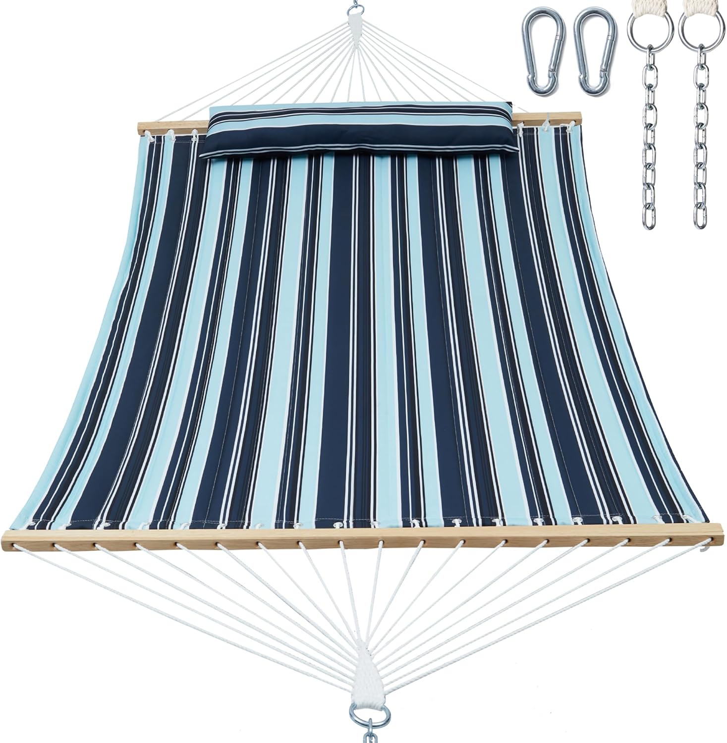 Double Quilted Fabric Hammock with Spreader Bar, Fit 12-14ft Hammock Stand, 2 Person 14ft Hammocks for Outside, Large Removable Pillow Storage Bag, Carabiner, Max 475 lbs Capacity (Misty Beach)