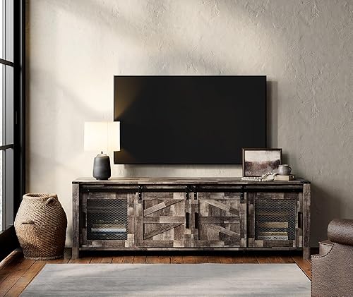 Miniatura 4 de WAMPAT Soporte de TV de granja para TV de 75 pulgadas con luz LED amarilla, centro de entretenimiento de madera con puerta corrediza de granero y