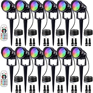SUNVIE RGB Low Voltage Landscape Lights Color Changing 12W LED Landscape Lighting Outdoor Waterproof Spotlight Remote Control for Garden Pathway Christmas Decorative Lighting, 12 Pack with Connector