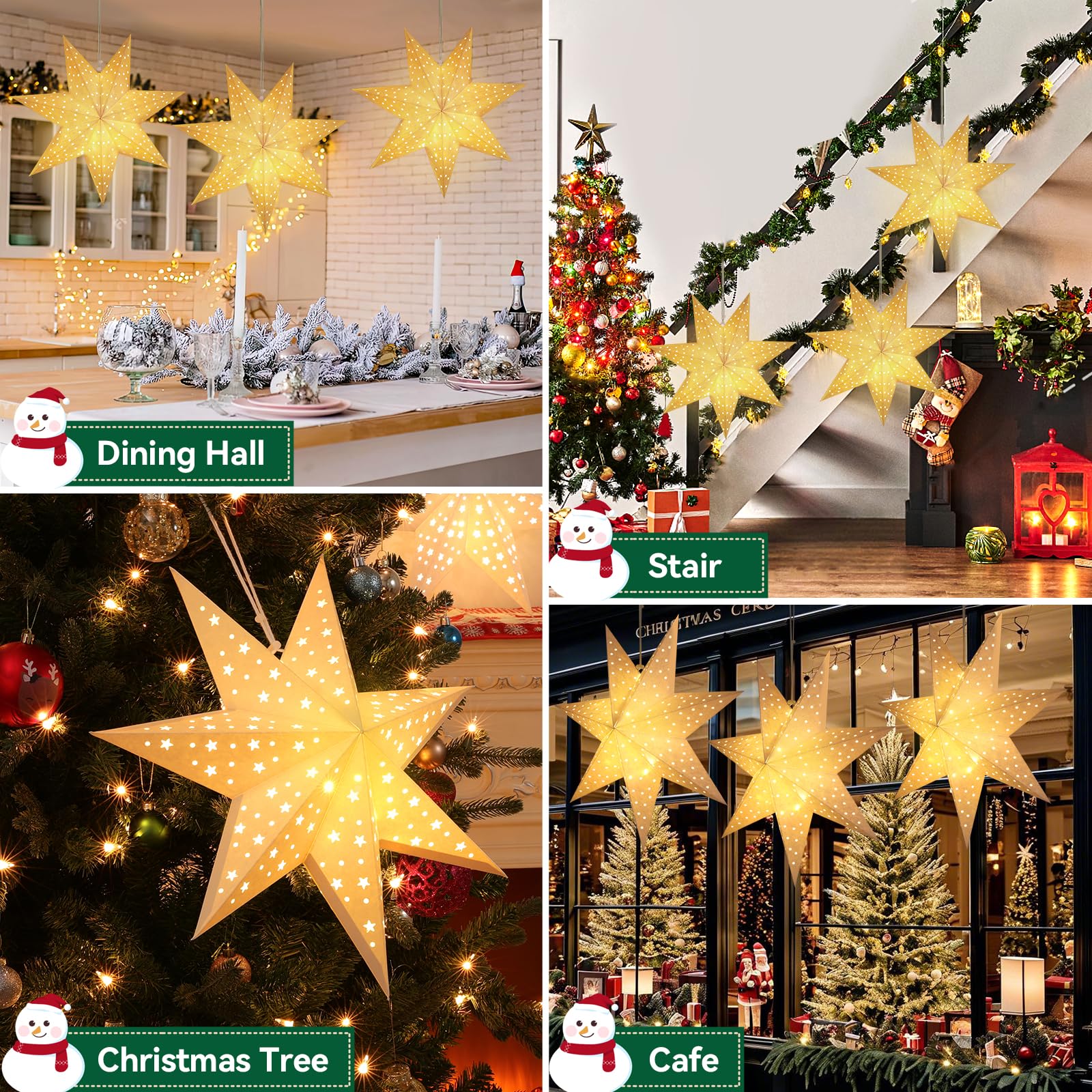 Lewondr Weihnachtsstern Beleuchtet 3 Stück, 45cm Papiersterne Weihnachten | Hängende Sternenlichter mit Ausgeschnittenen Sternen, LED Stern mit Fernbedienung, Weihnachtsdeko Papierstern für Innen