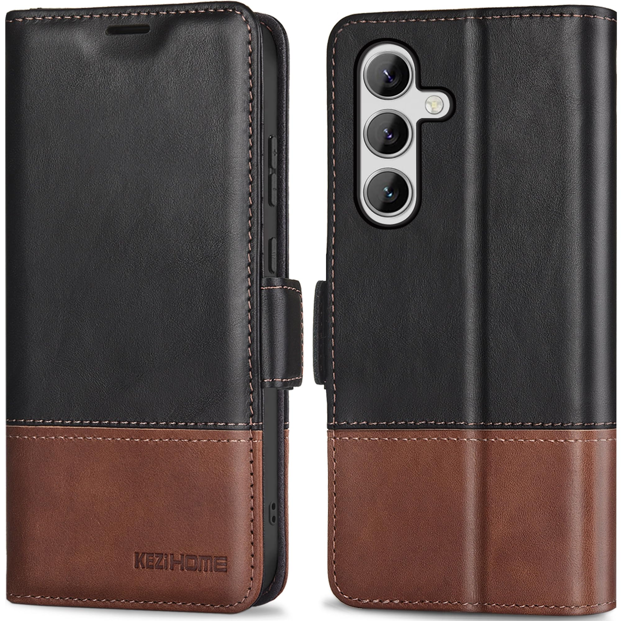 KEZiHOME Case for Galaxy S24 5G, Genuine Leather [RFID Blocking] Samsung S24 Wallet Case with Card Slots Kickstand Folio Flip Phone Cover Compatible with Galaxy S24 5G (2024) (Black/Brown)
