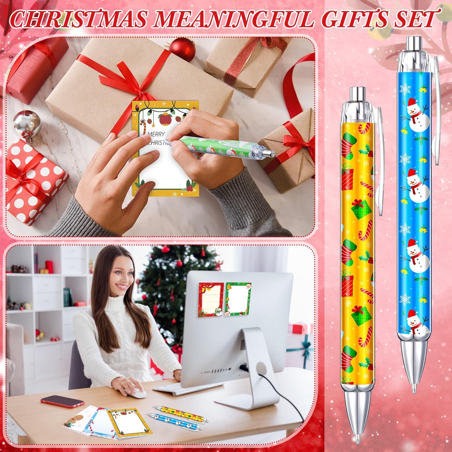 MotiMind 60 Pcs Christmas Pens and Notepads Christmas Sticky Notes Bulk, Smooth Writing Gel Ink Pens, Xmas To Do List Note Pads Party Favors Gift Set for School Office Home