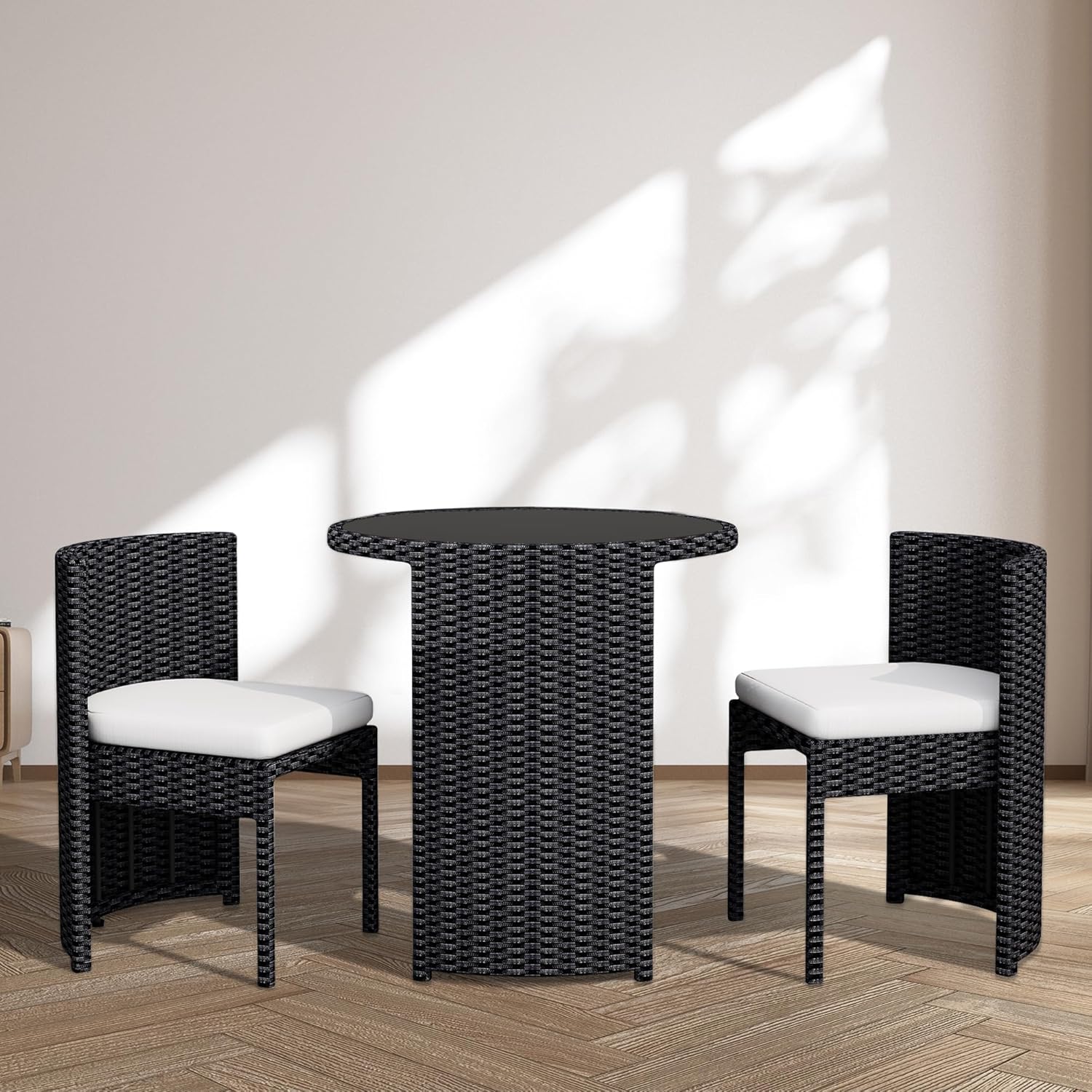 3 Pcs Patio Bistro Set for 2, All Weather Patio Dining Set, Wicker Rattan Patio Conversation Set, Compact Outdoor Furniture Balcony Garden Set for Small Space No Assembly - Black