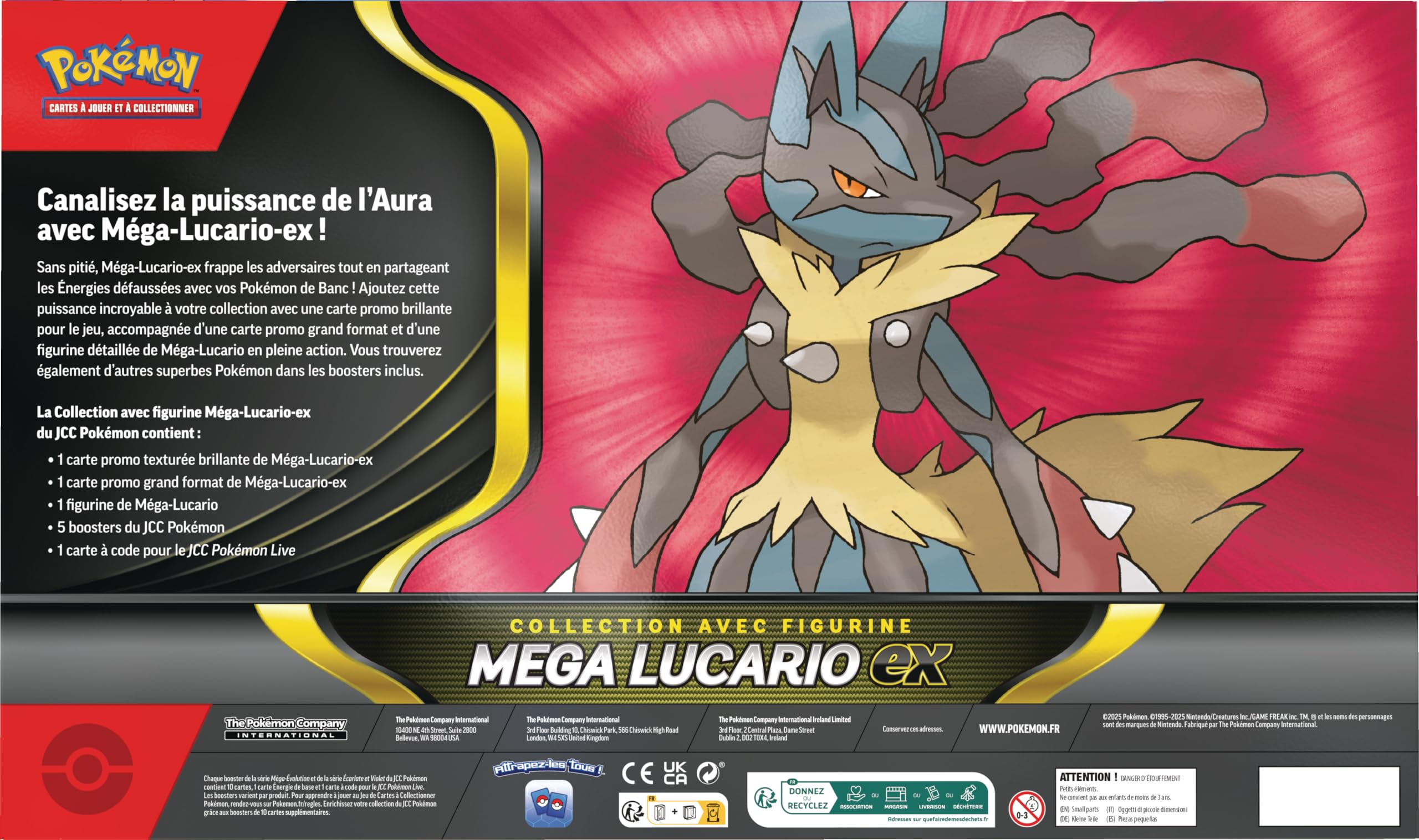 Pokémon : Collezione con statuetta Mega-Lucario-ex (1 carta promozionale lucida testurizzata, 1 carta promozionale di grandi dimensioni, 5 booster e 1 statuetta di Mega-Lucario) del GCC Pokémon